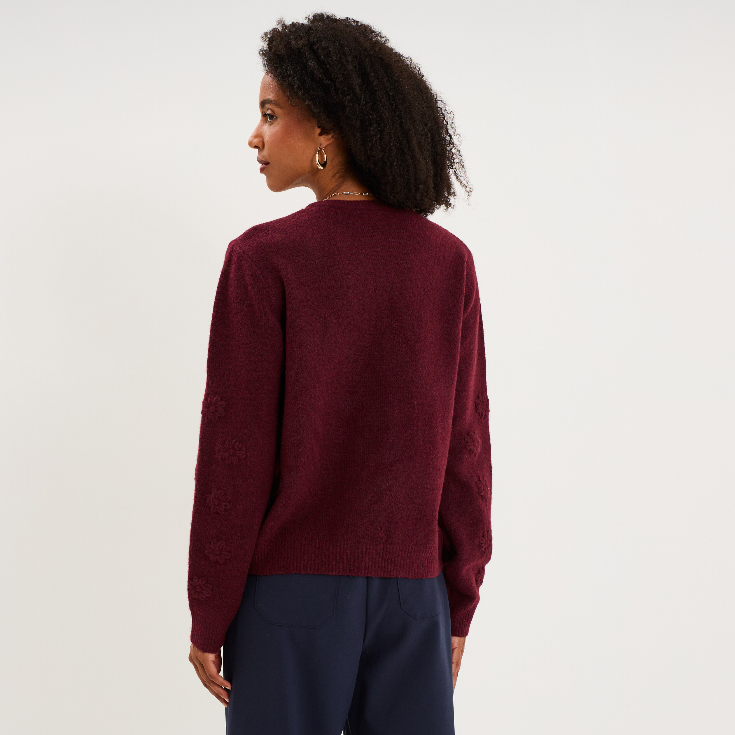 Gilet col rond boutonn&eacute; manches longues violet fonc&eacute; femme