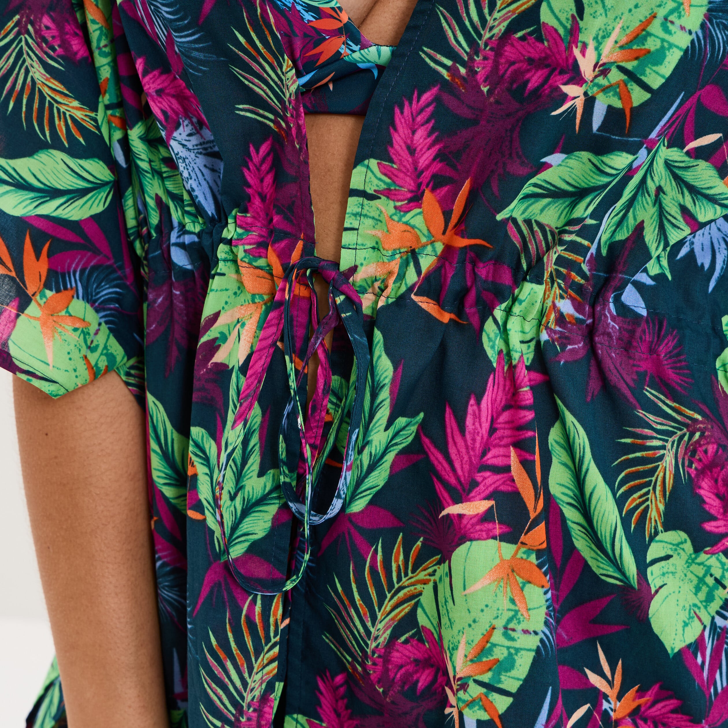 Robe de plage en coton col V bleu p&eacute;trole femme