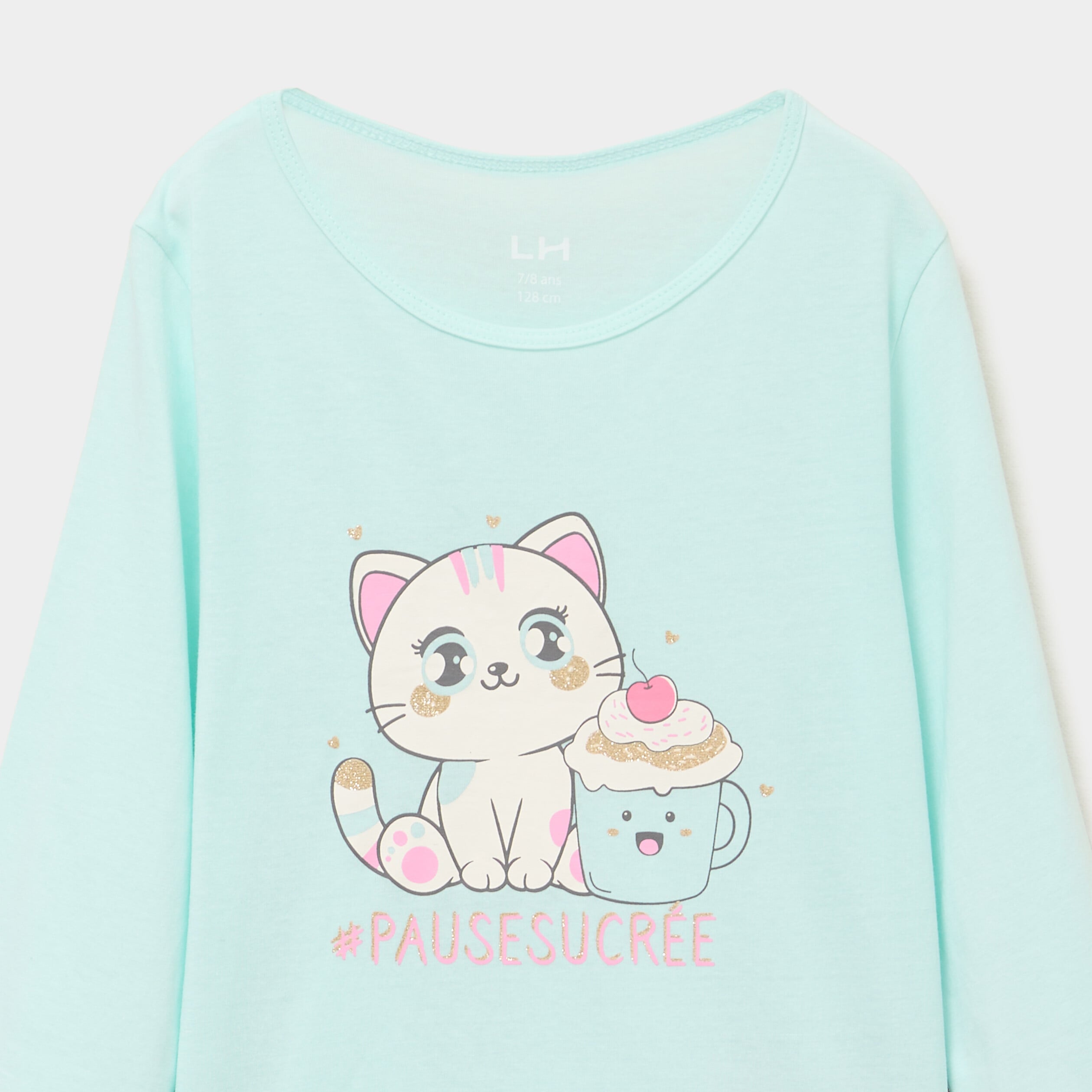 Ensemble pyjama pantalon coton bleu turquoise fille