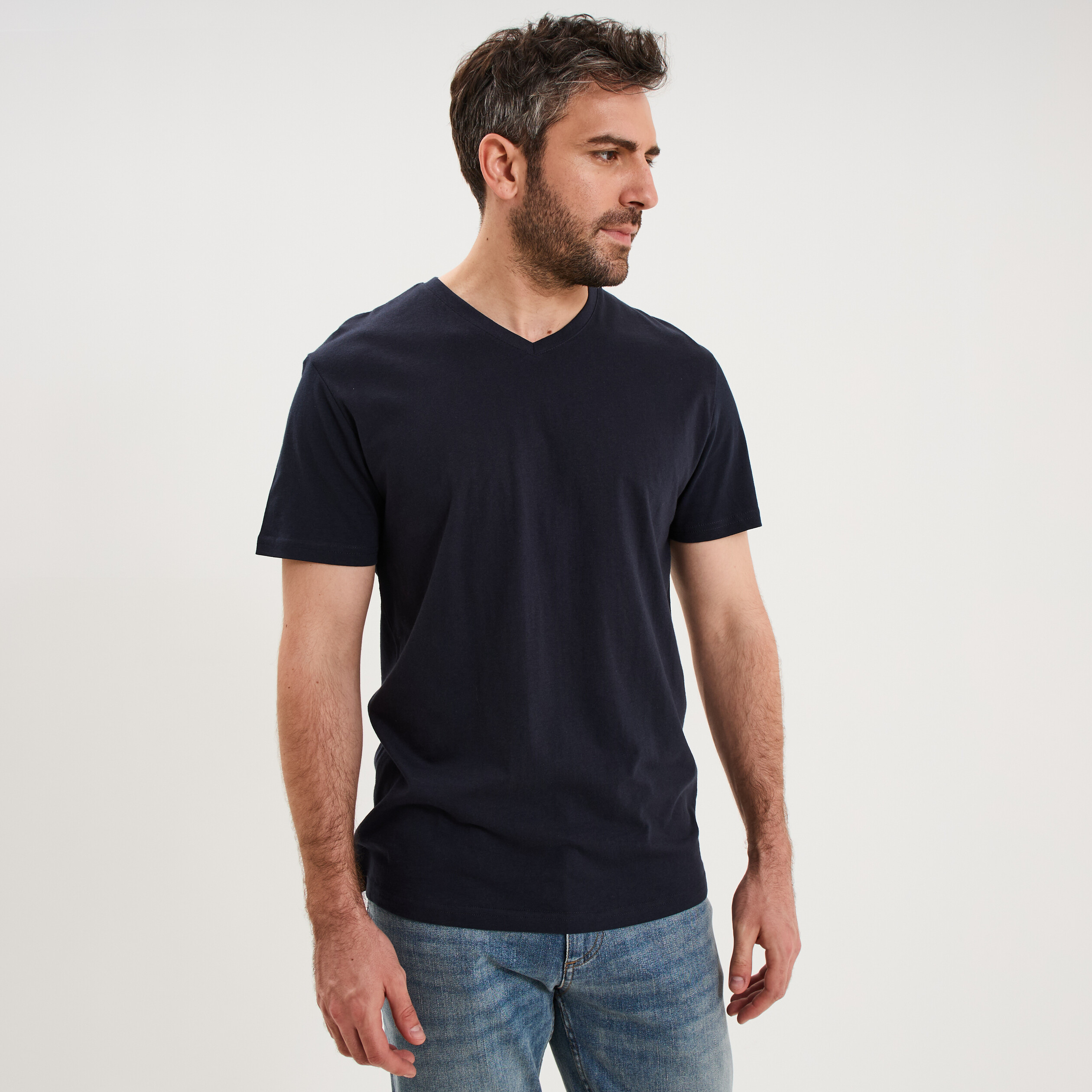 T-shirt manches courtes coton col V bleu marine homme
