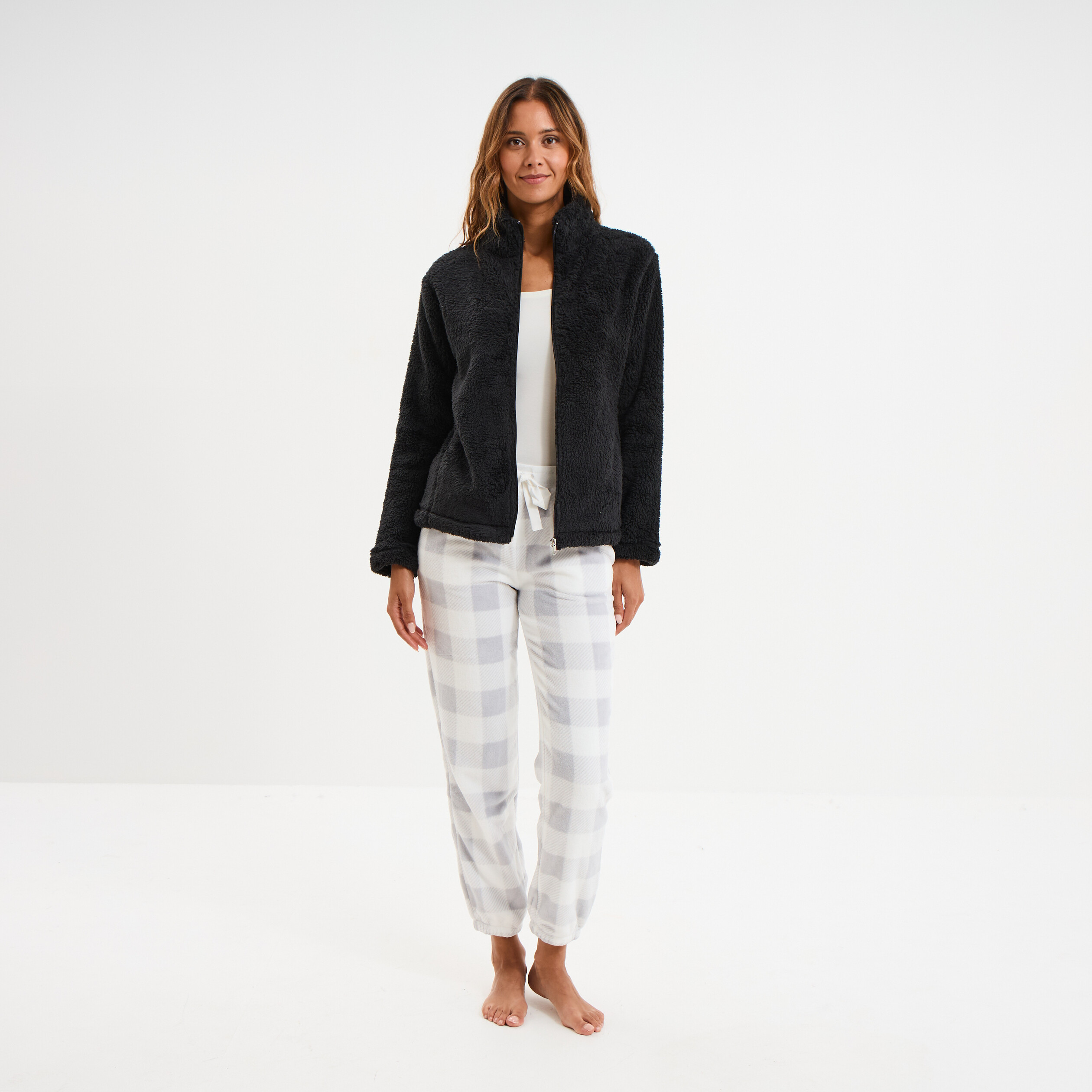Veste effet polaire col montant noir femme