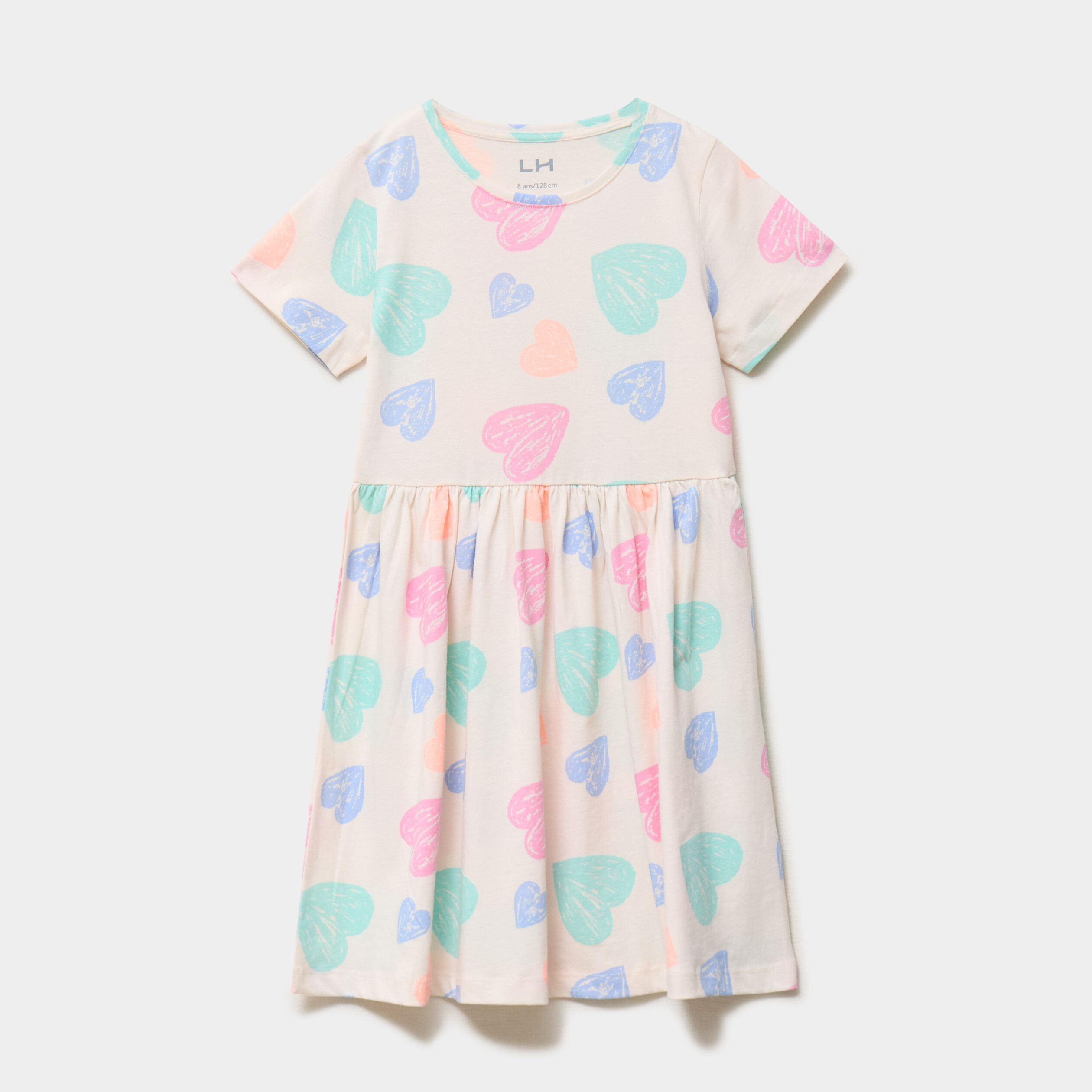 Robe courte &eacute;vas&eacute;e manches courtes coton beige fille