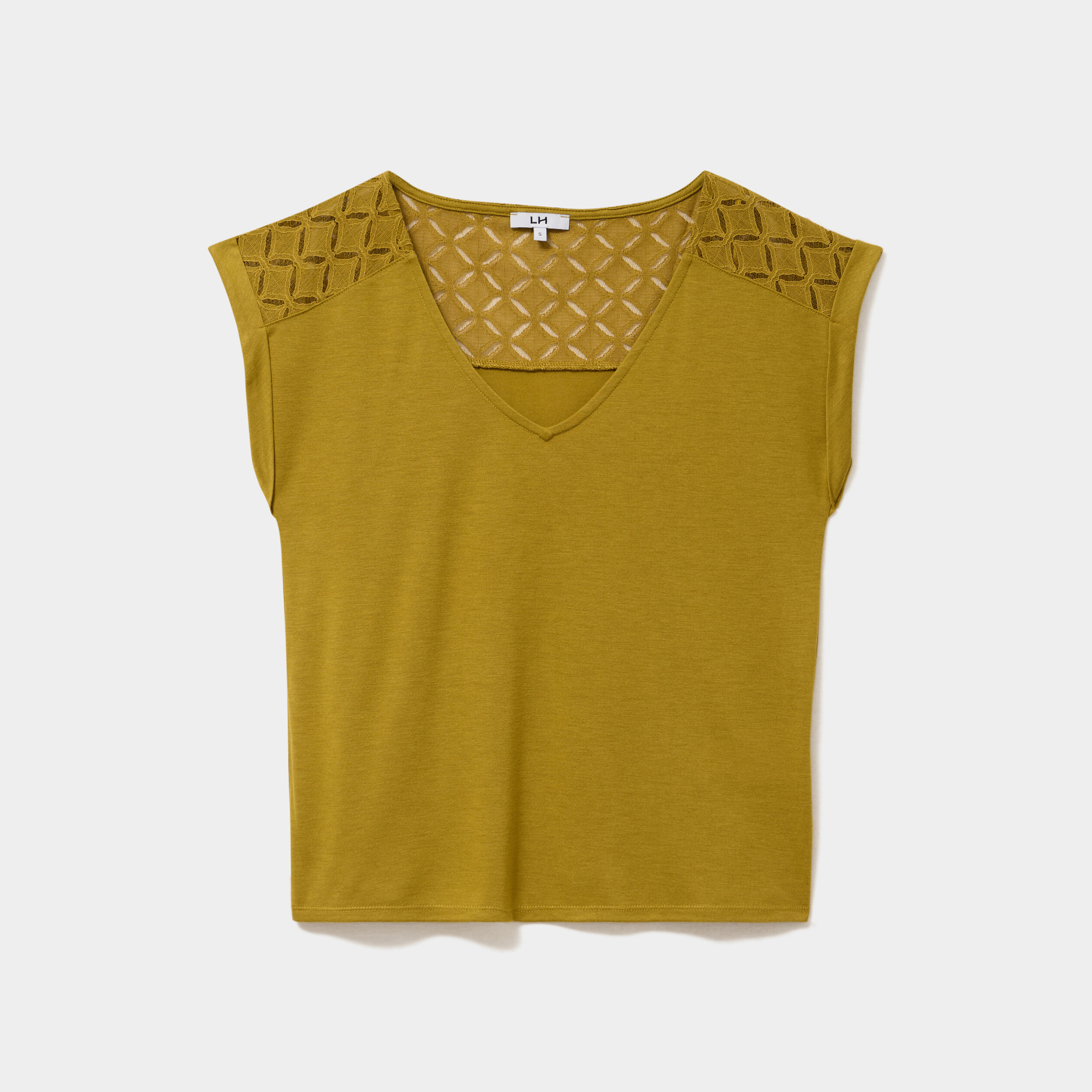 T-shirt col en V ajour&eacute; &eacute;paules et dos vert olive femme