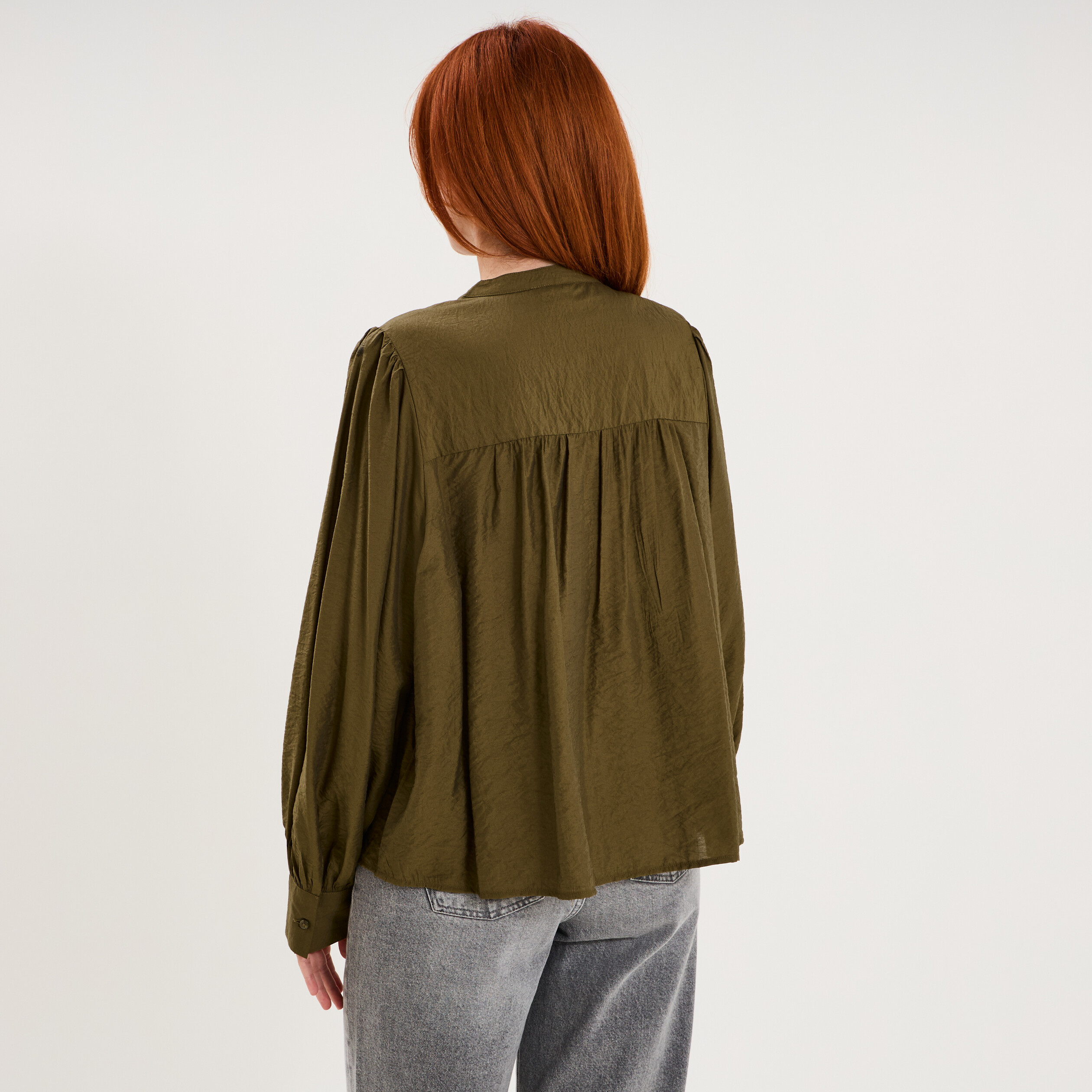 Blouse manches longues galons et fronces vert kaki femme