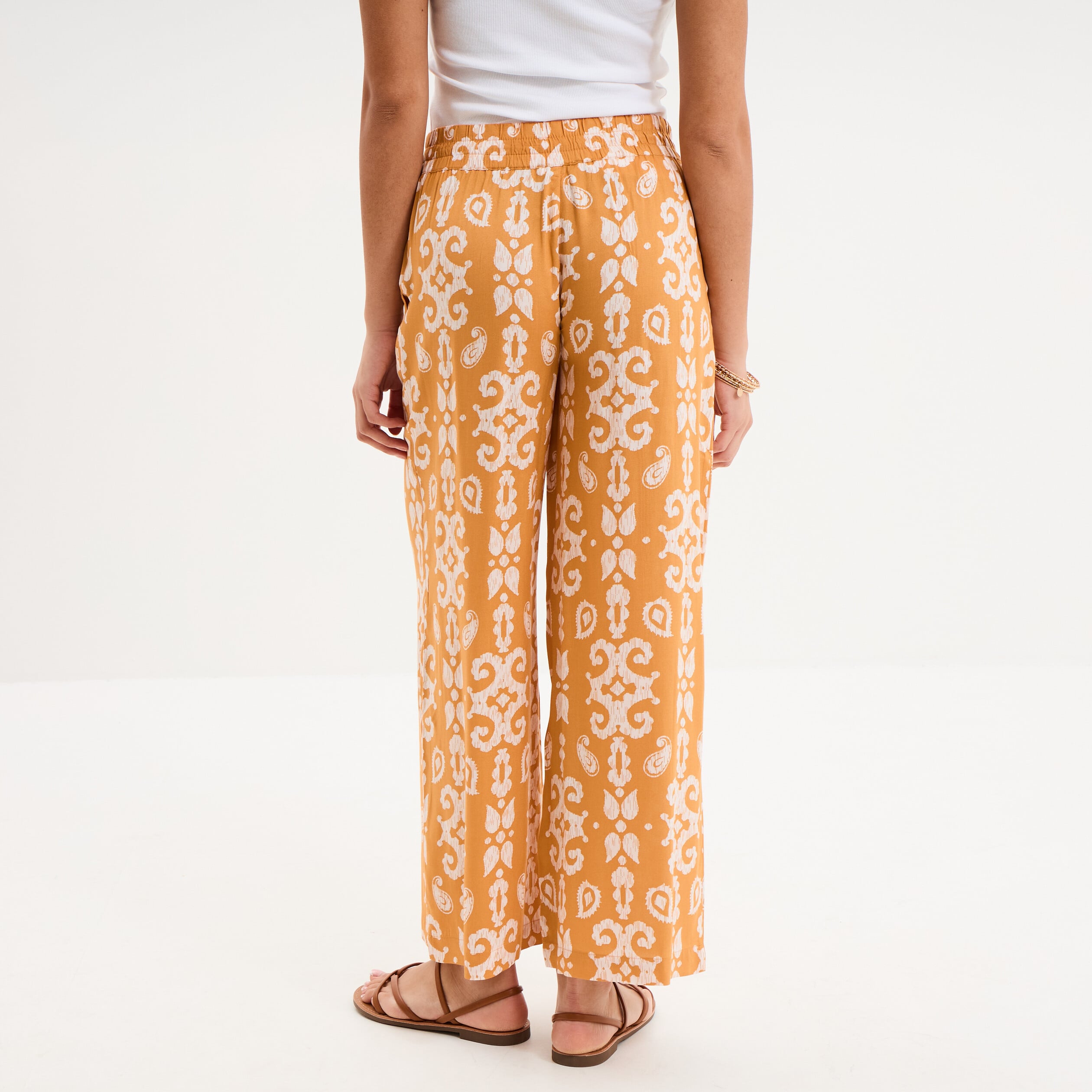 Pantalon fluide large taille &eacute;lastiqu&eacute;e jaune ocre femme