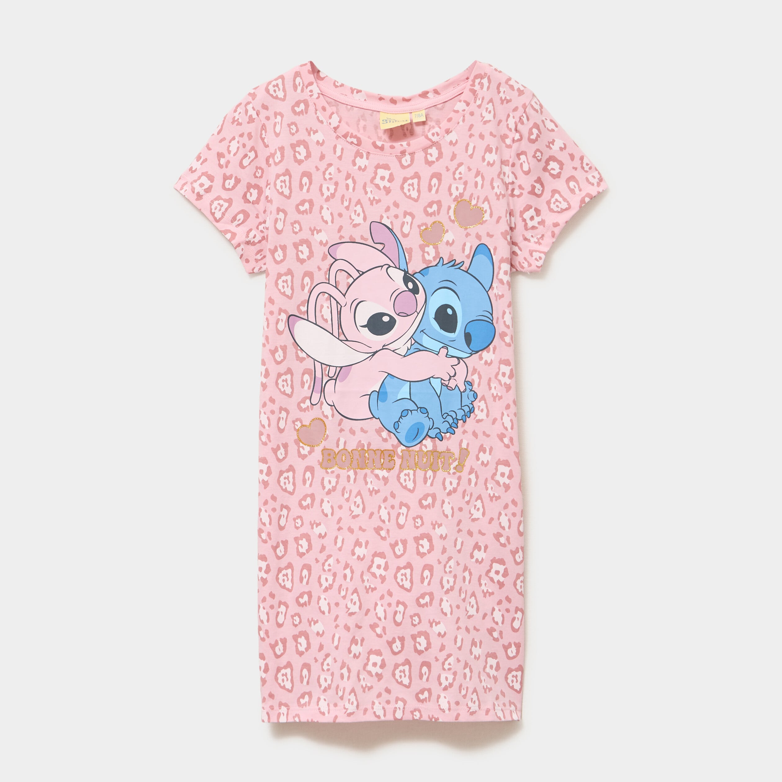 Chemise de nuit mi-longue coton Stitch rose fille