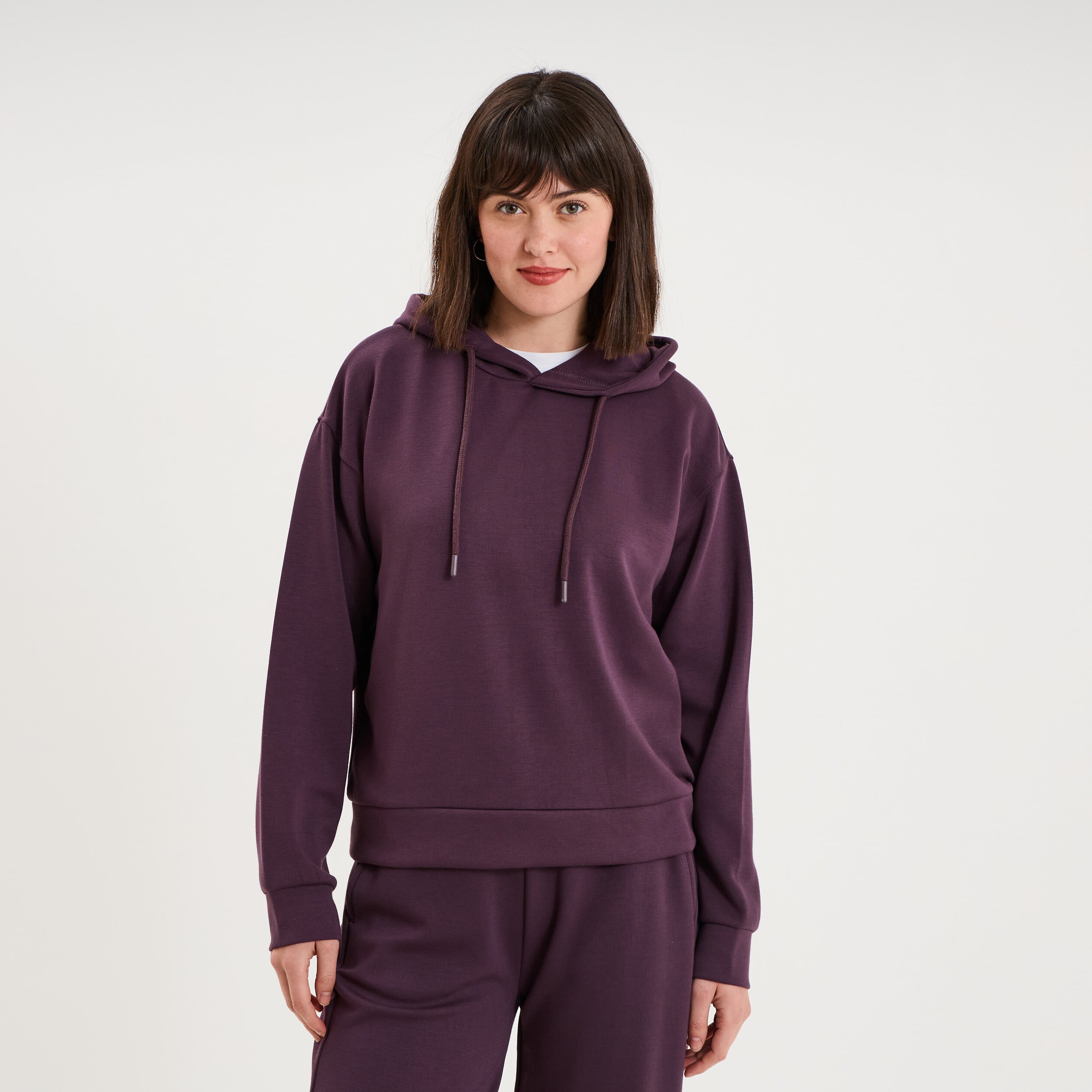 Sweat hoodie manches longues &agrave; capuche violet fonc&eacute; femme