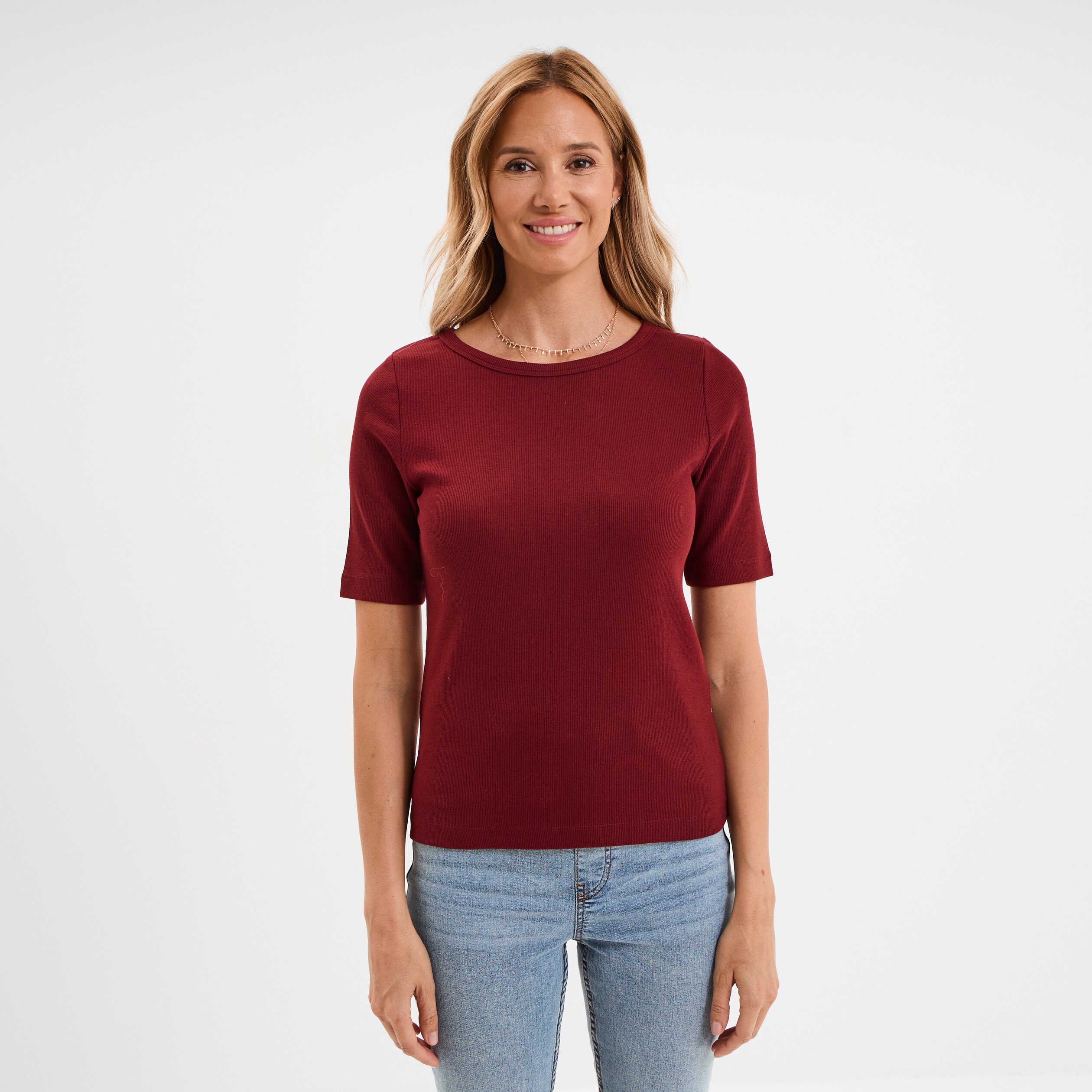 t shirt col rond manches courtes coton bordeaux femme T-shirt col rond manches courtes coton bordeaux femme