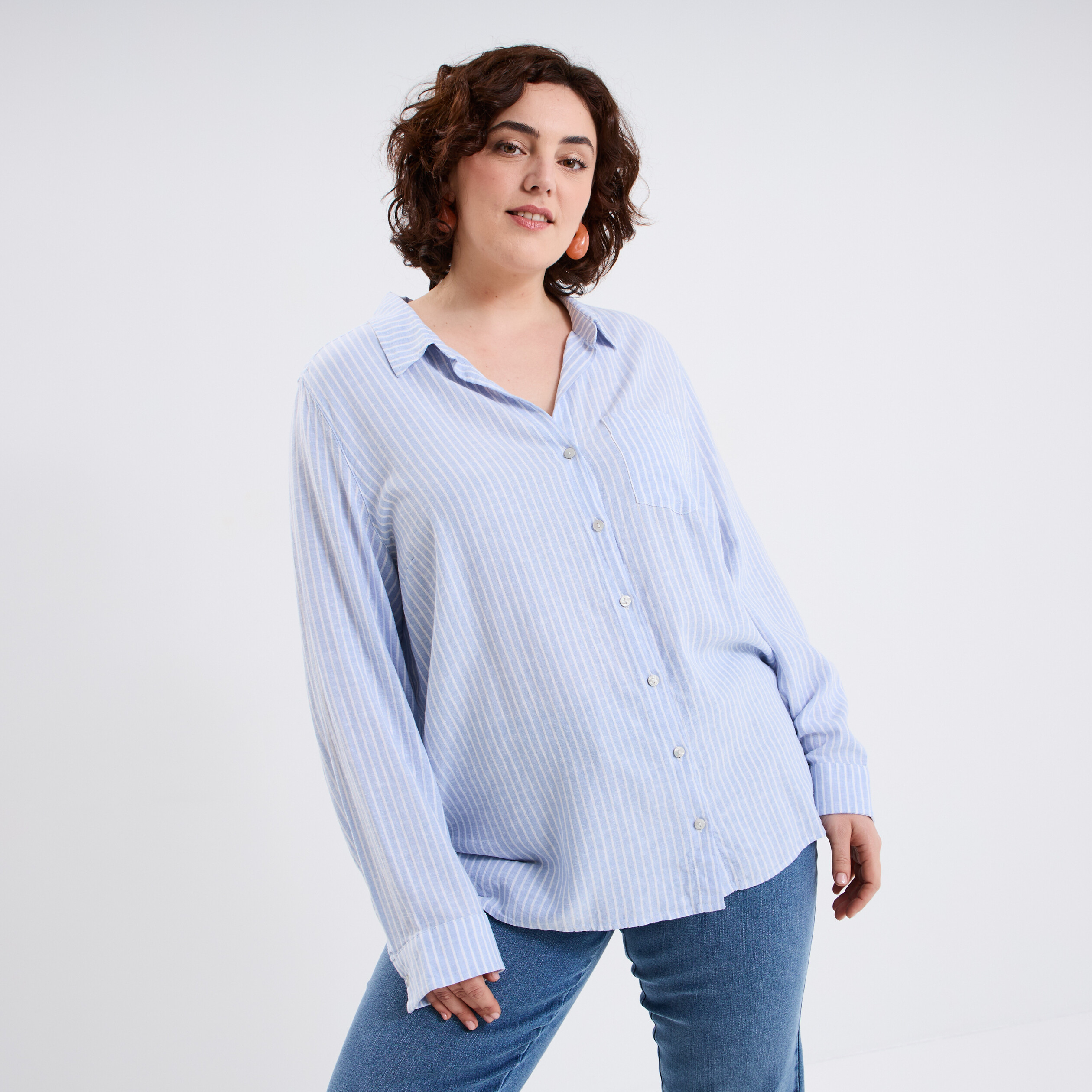 chemise oversize lin melange bleu lavande femmegt Chemise oversize lin mélangé bleu lavande femme grande taille