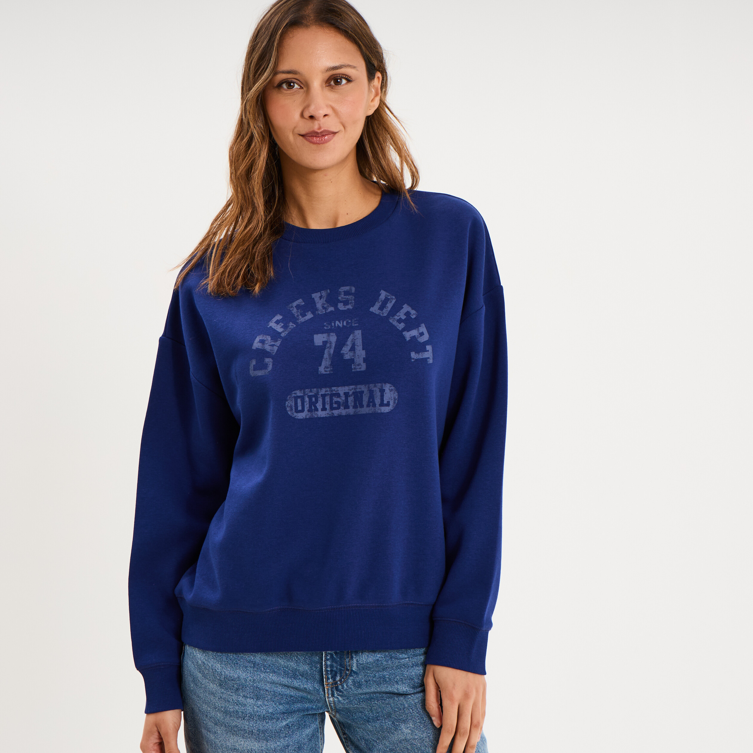 Sweat col rond manches longues bleu fonc&eacute; femme