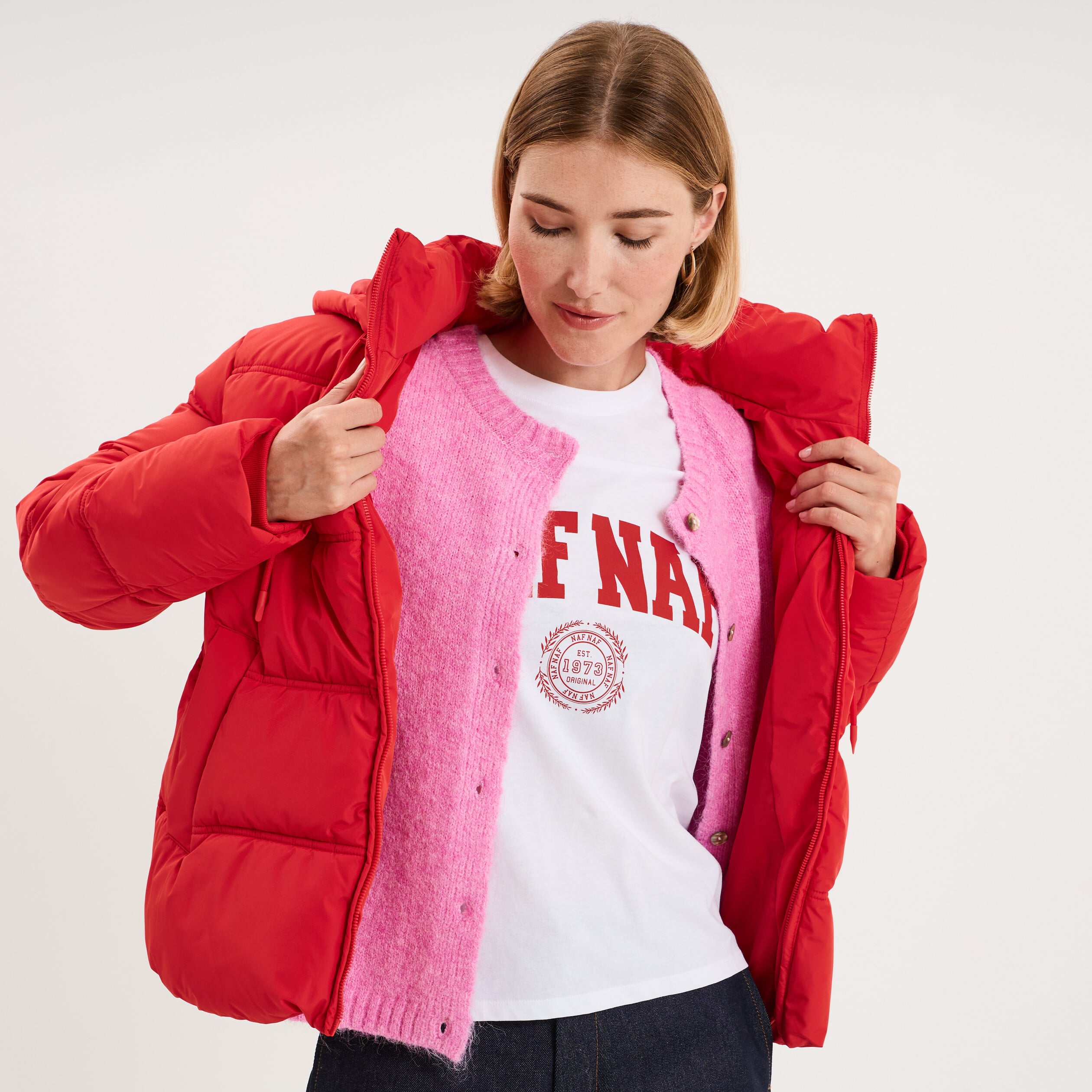 Doudoune &agrave; capuche zipp&eacute;e femme rouge femme