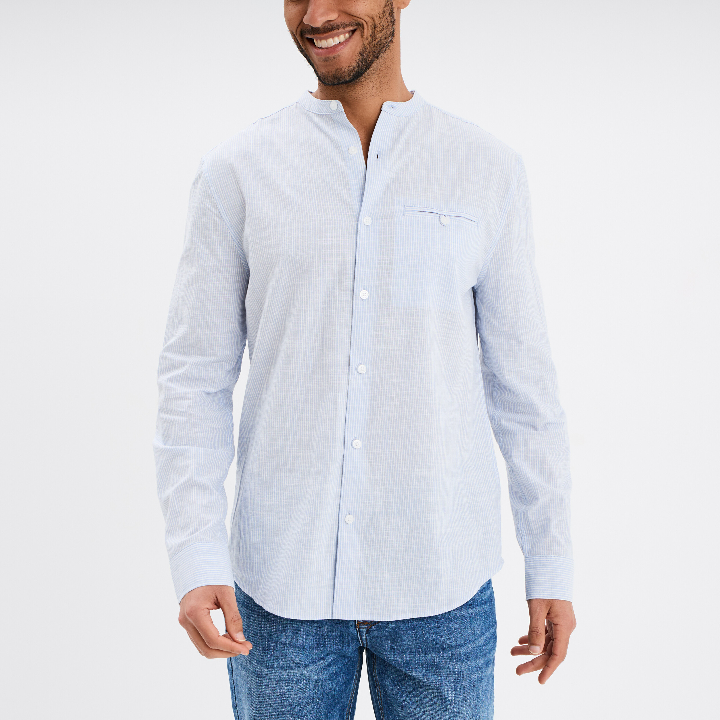 Chemise col mao manches longues coton bleu ciel homme
