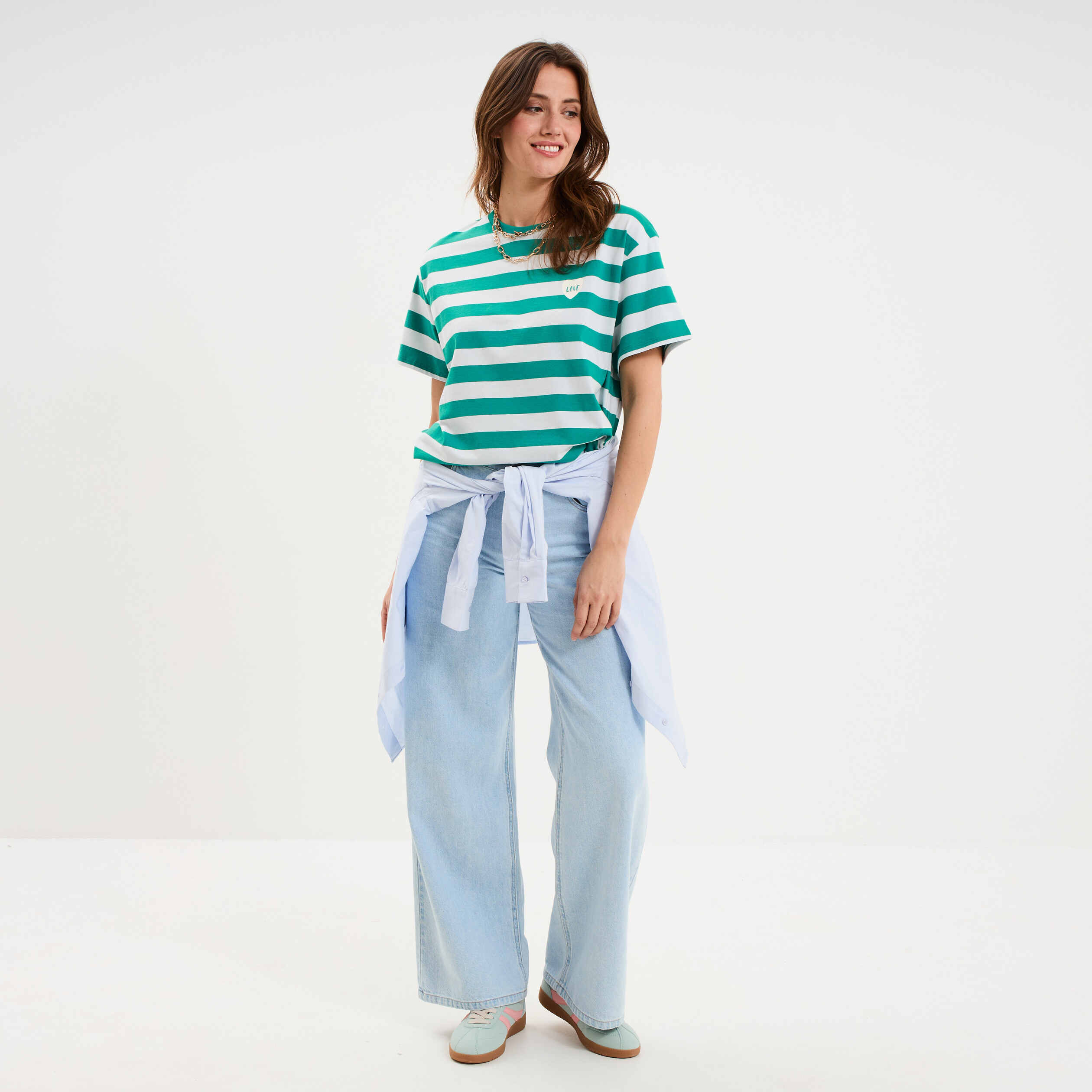 T-shirt droit &agrave; manches courtes coton vert canard femme