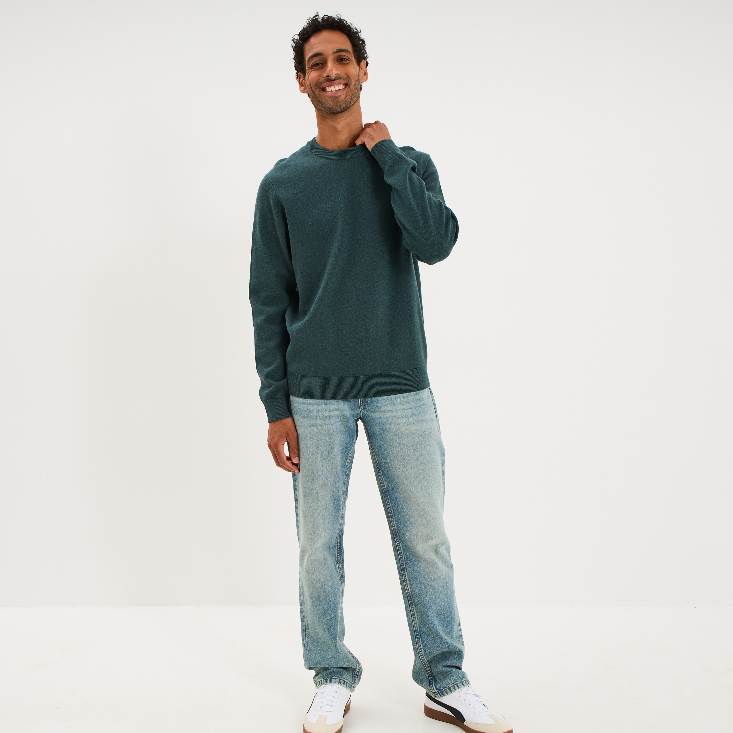 Pull col rond manches longues vert canard homme