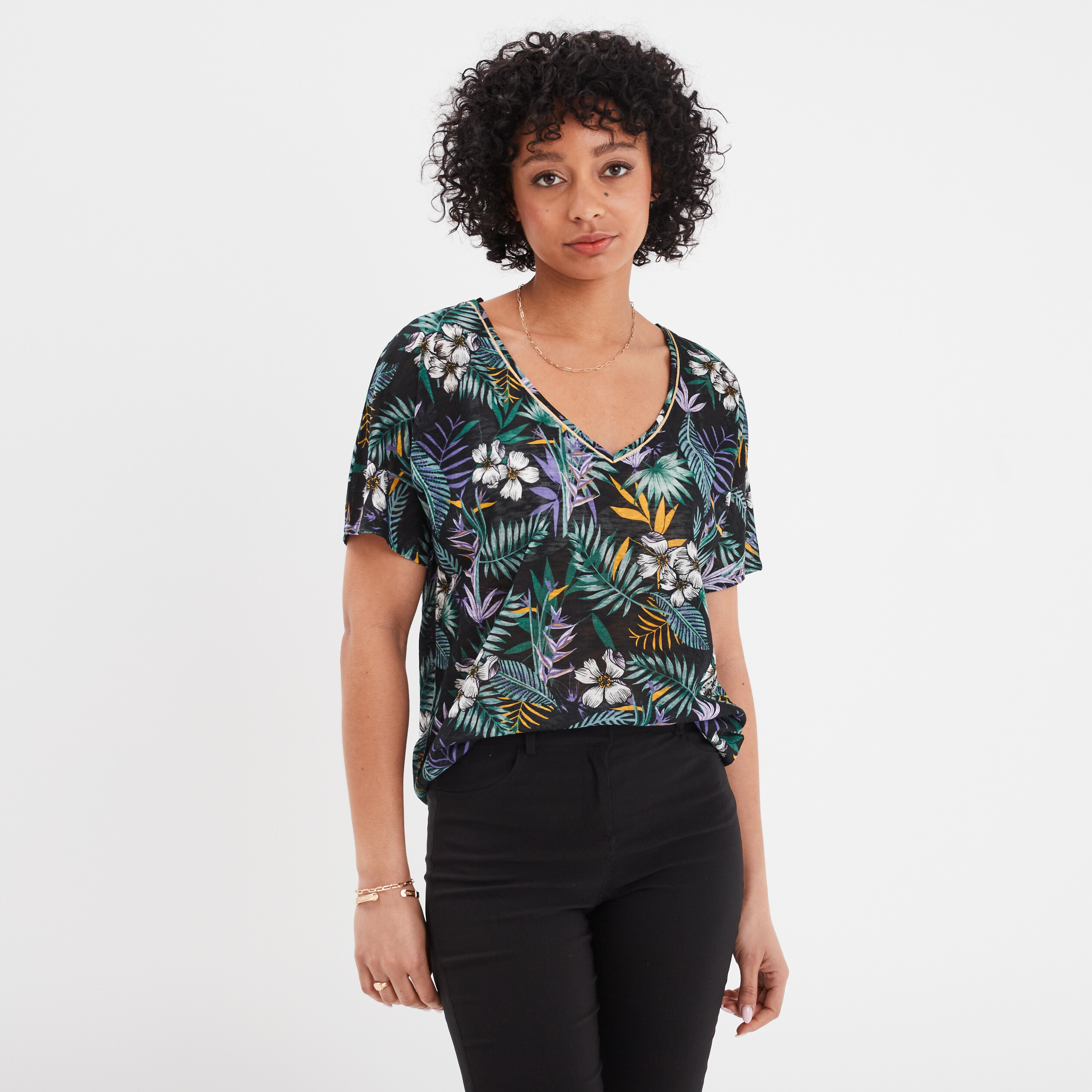 T-shirt col en V manches courtes noir femme