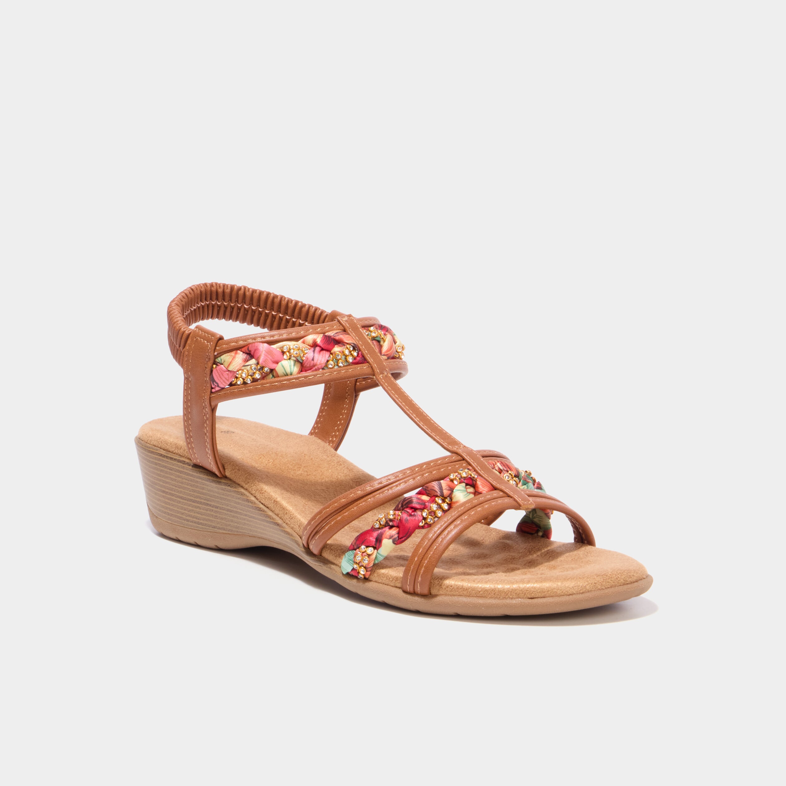 Sandales compens&eacute;es d&eacute;tails bijoux marron femme