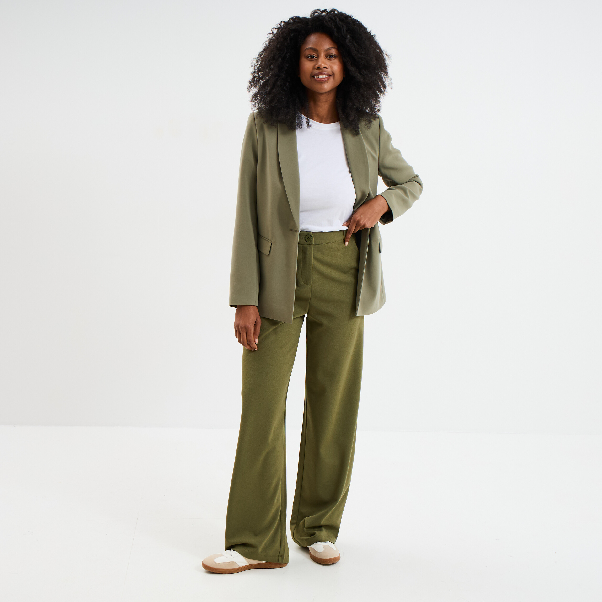 pantalon large fluide taille elastiquee vert kaki femme Pantalon large fluide taille élastiquée vert kaki femme
