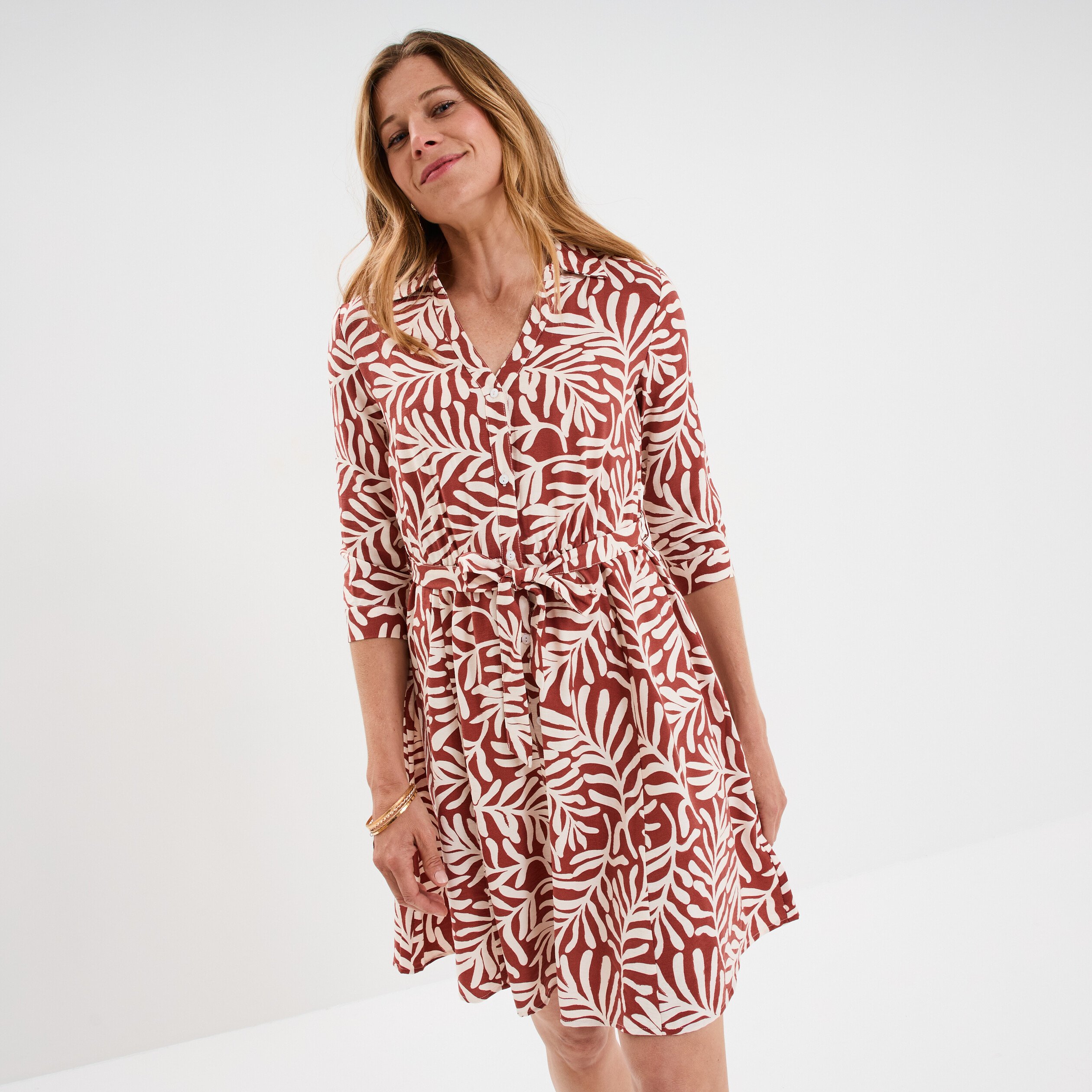 robe col chemise ceinturee manches 34 terracotta femme Robe col chemise ceinturée manches 3/4 terracotta femme