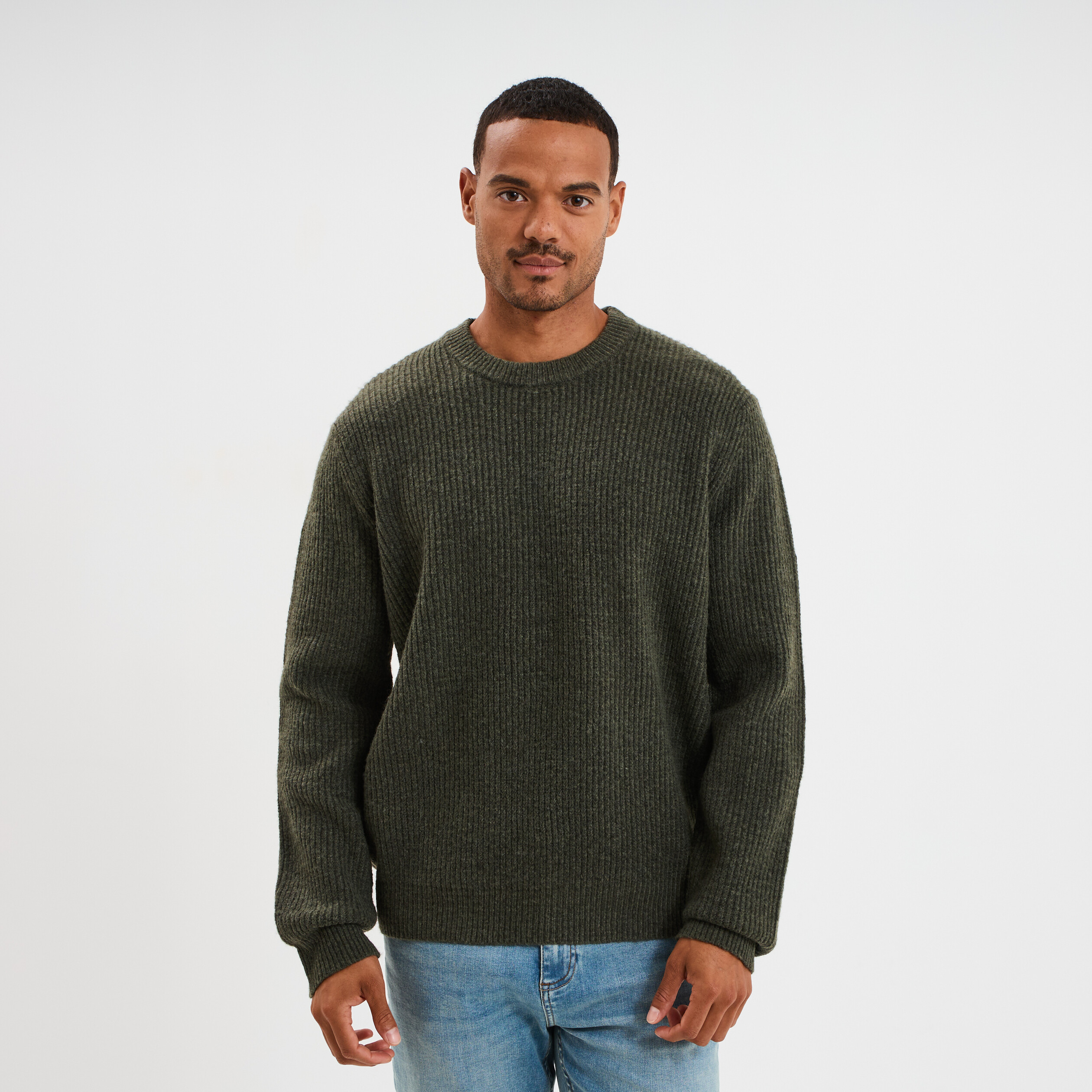 Pull col rond à manches longues vert kaki homme La Halle