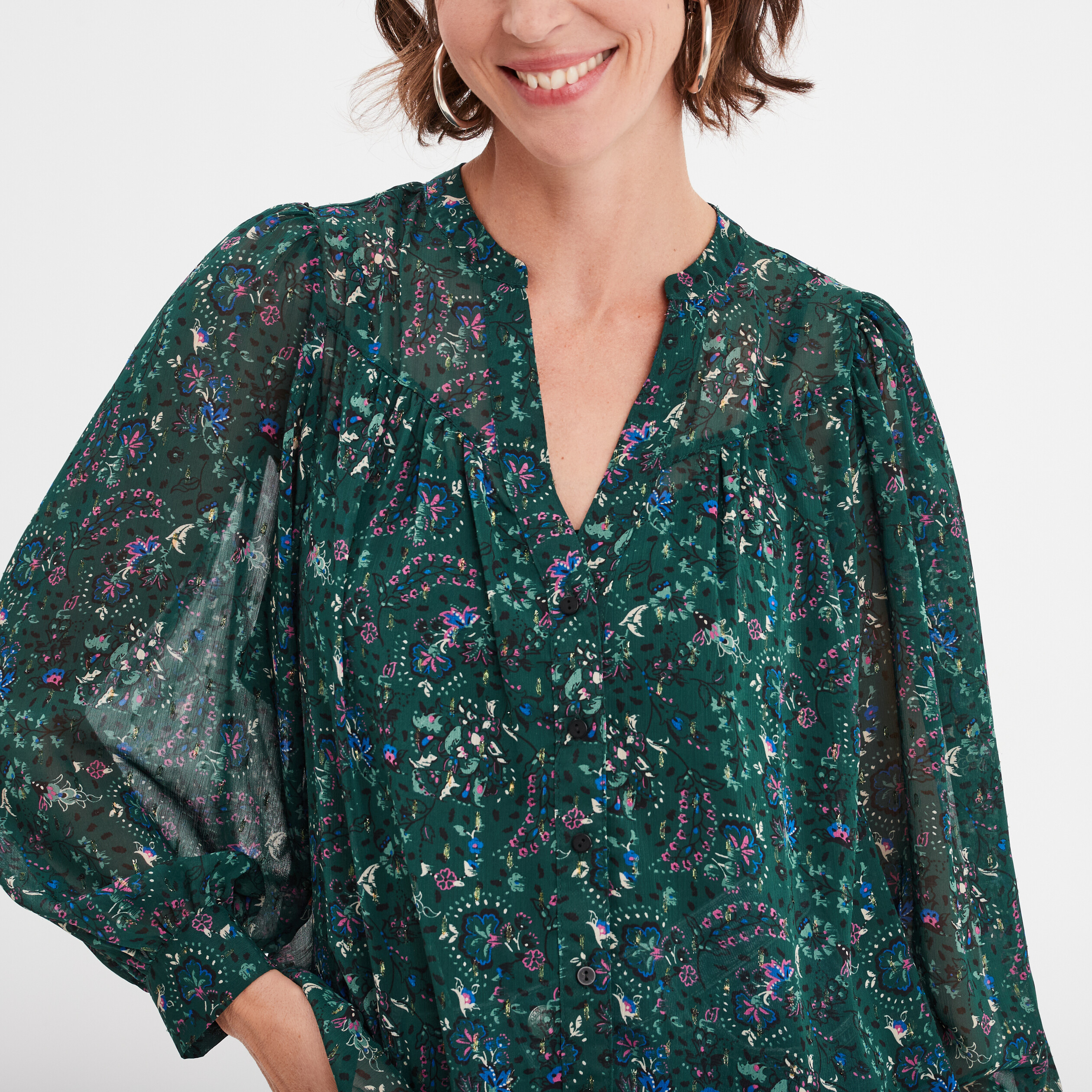 Blouse manches ballons vert canard femme