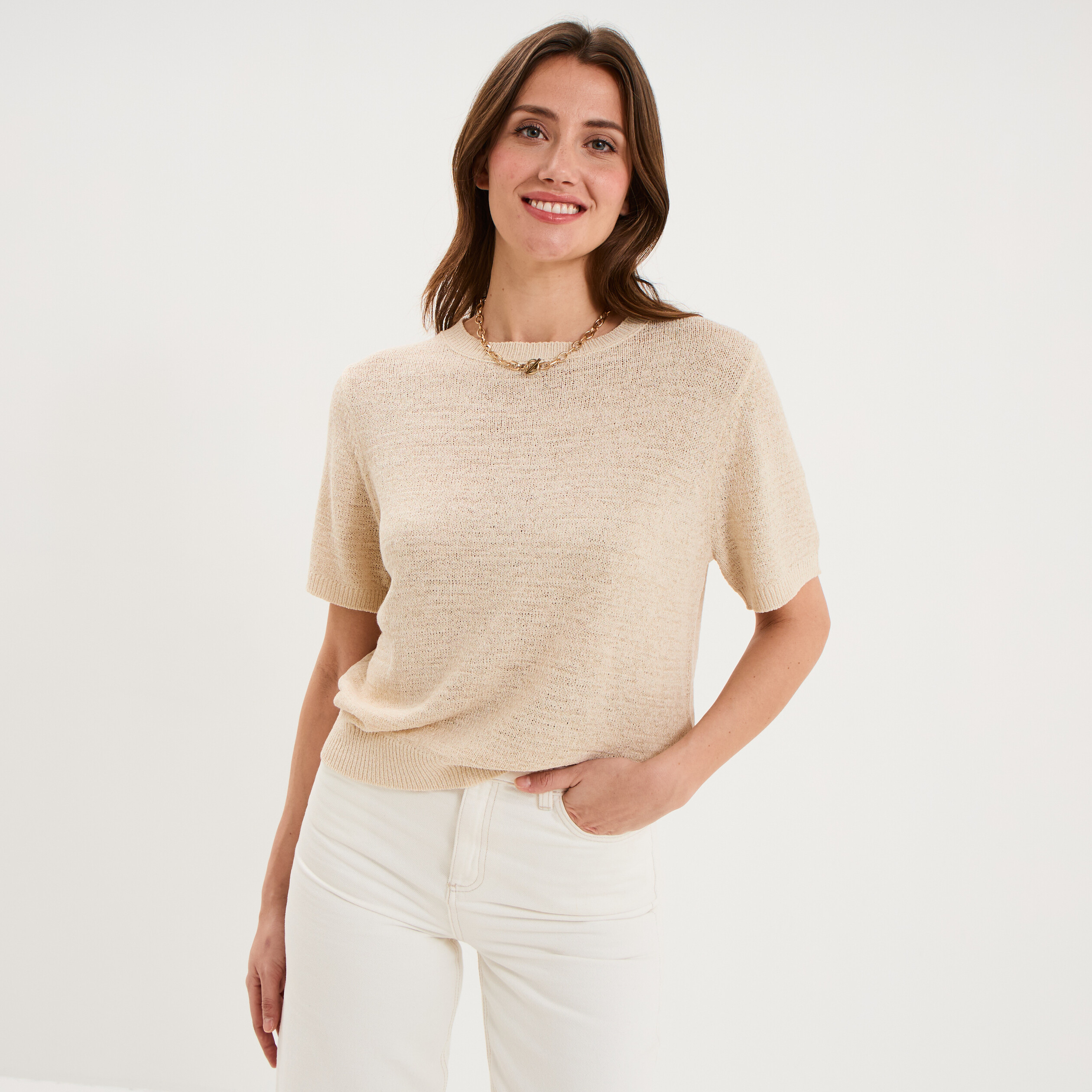 Pull manches courtes col rond beige femme
