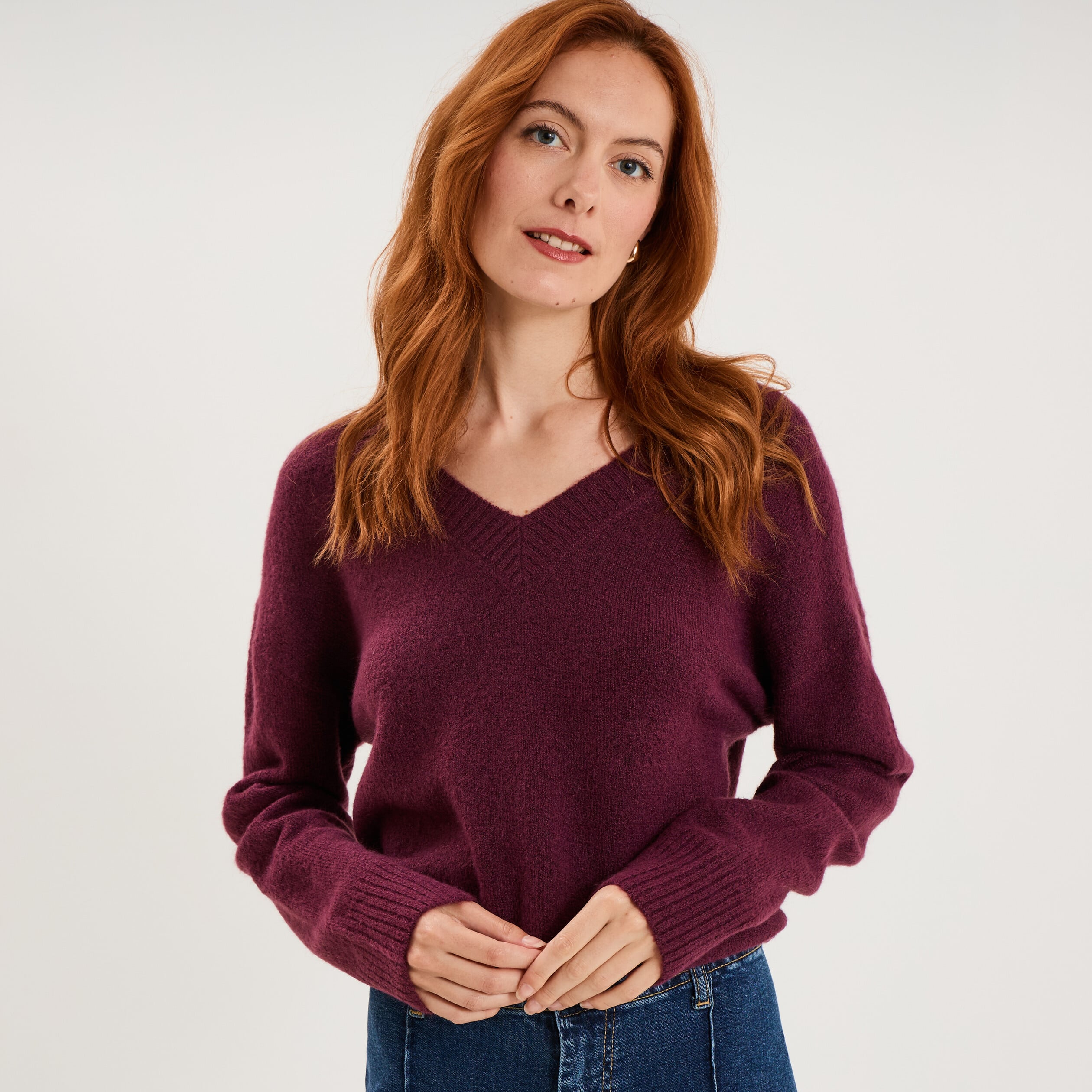 Pull col en V manches longues prune femme