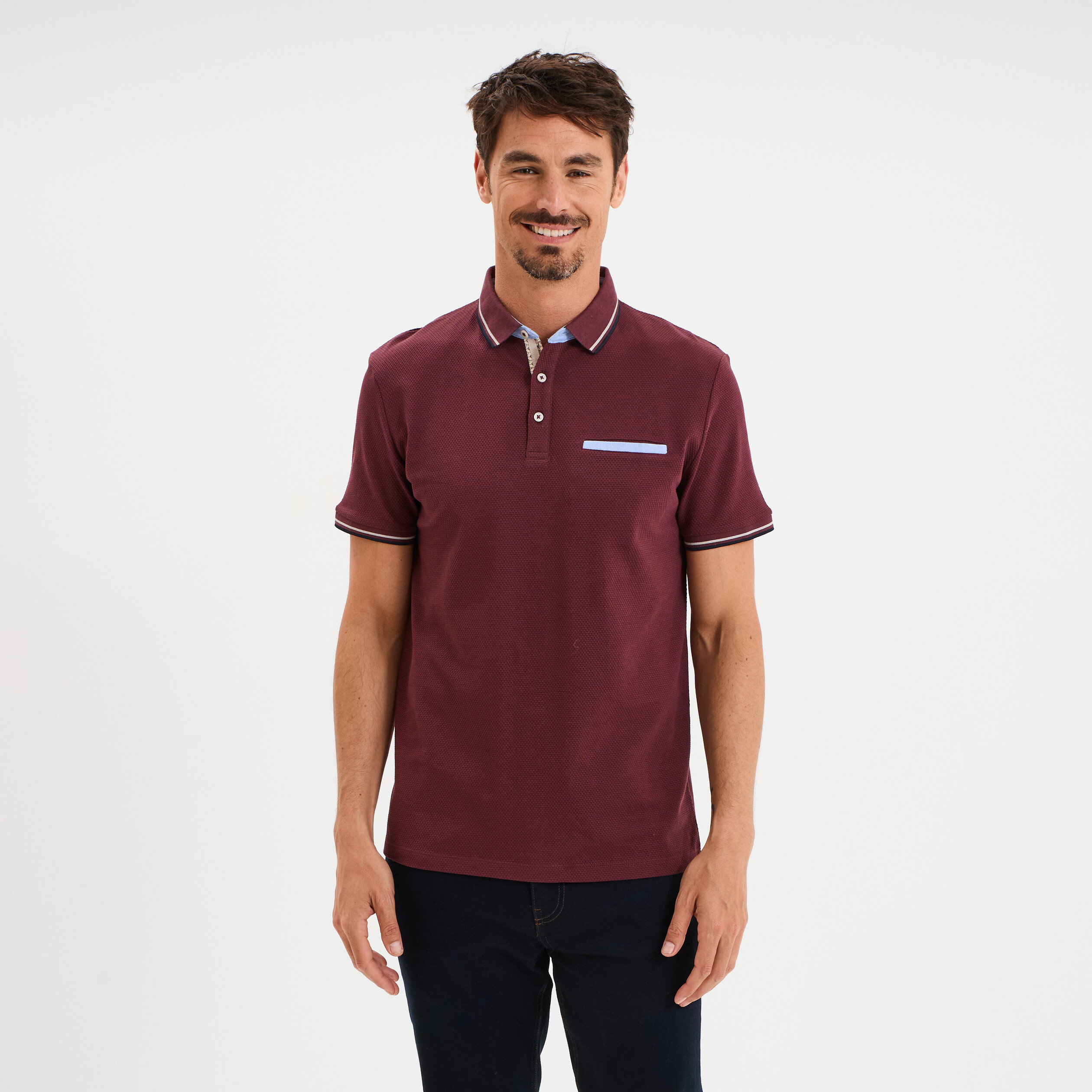 Polo piqu&eacute; manches courtes coton prune homme