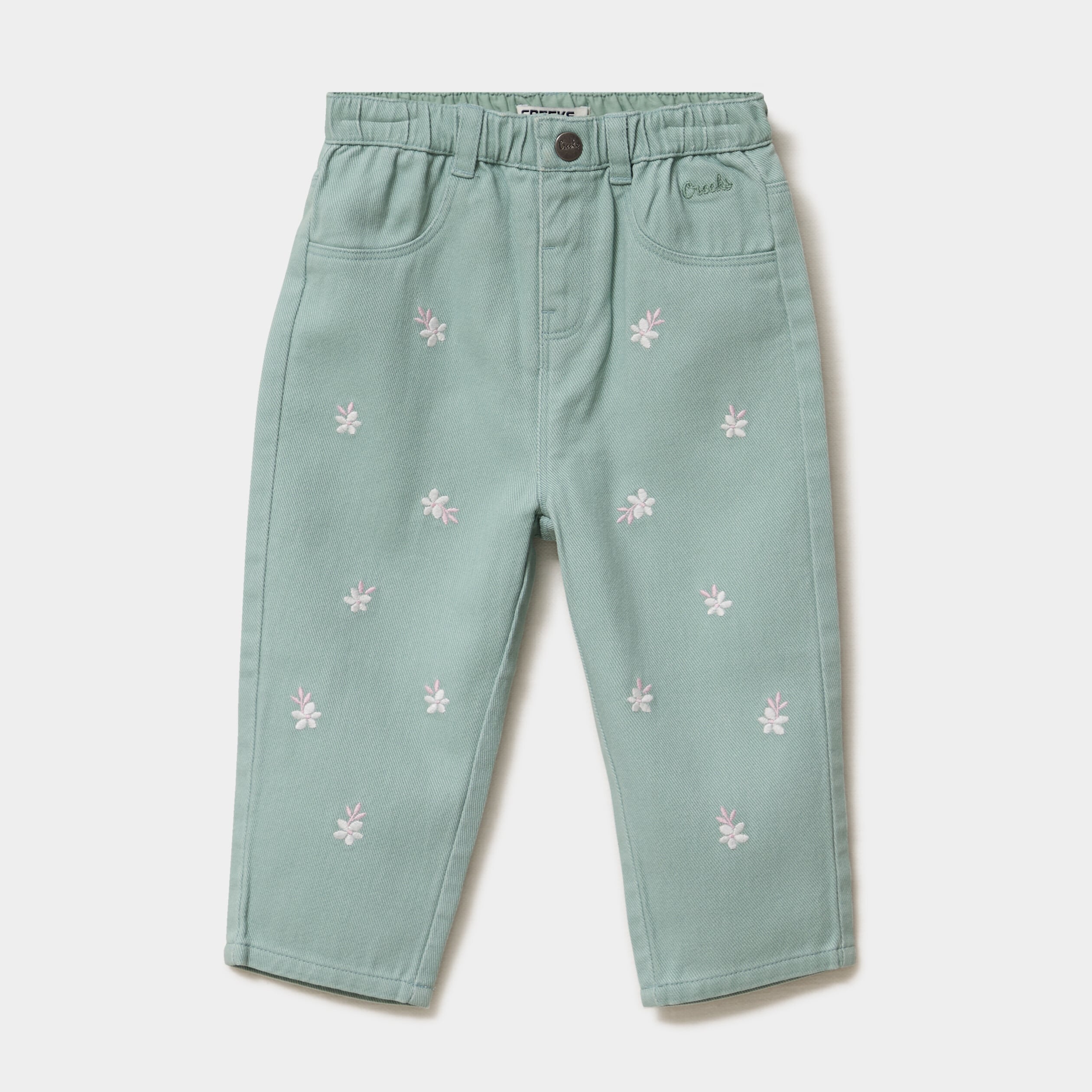 Pantalon ample brod&eacute; coton vert pastel b&eacute;b&eacute; fille