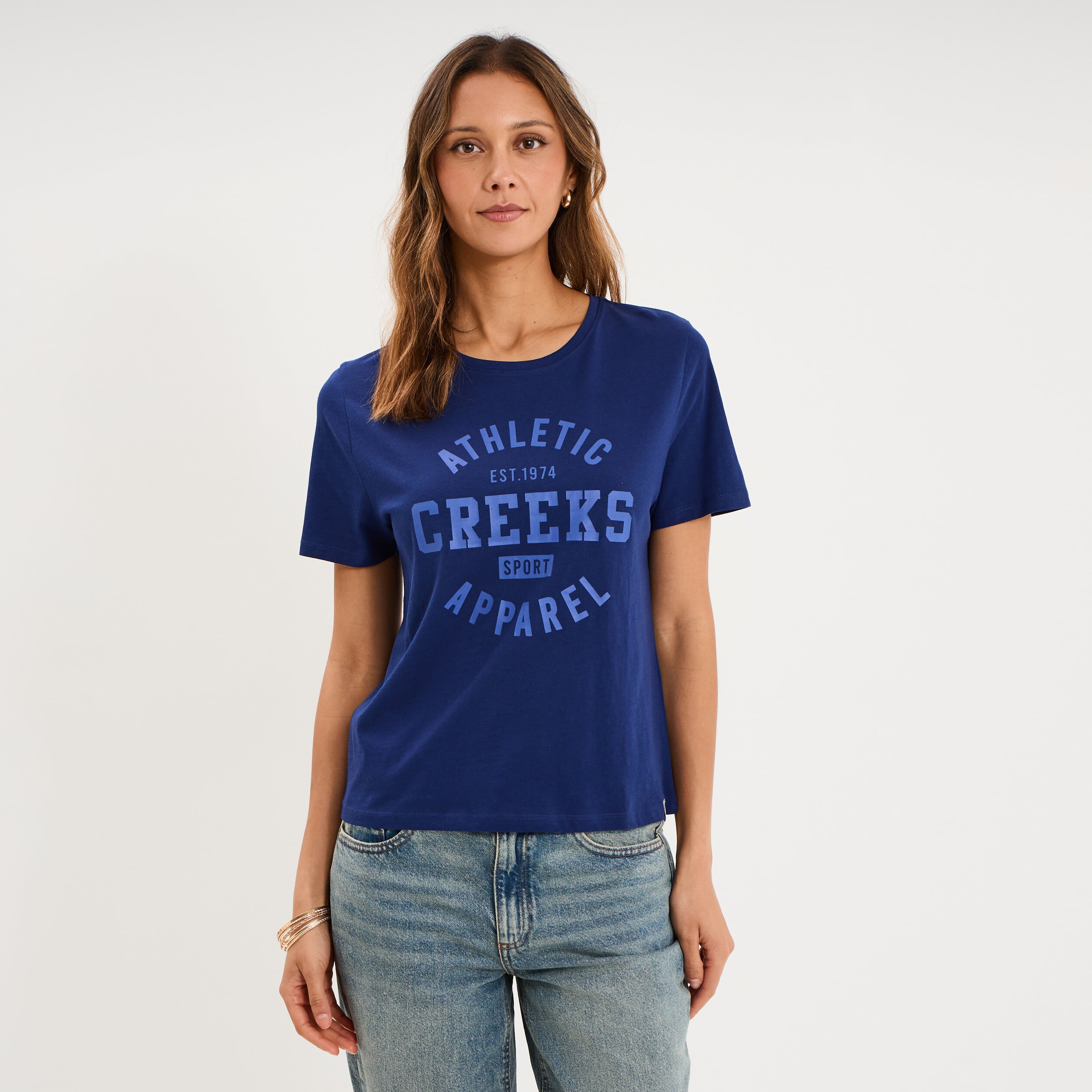 T-shirt col rond manches courtes bleu fonc&eacute; femme