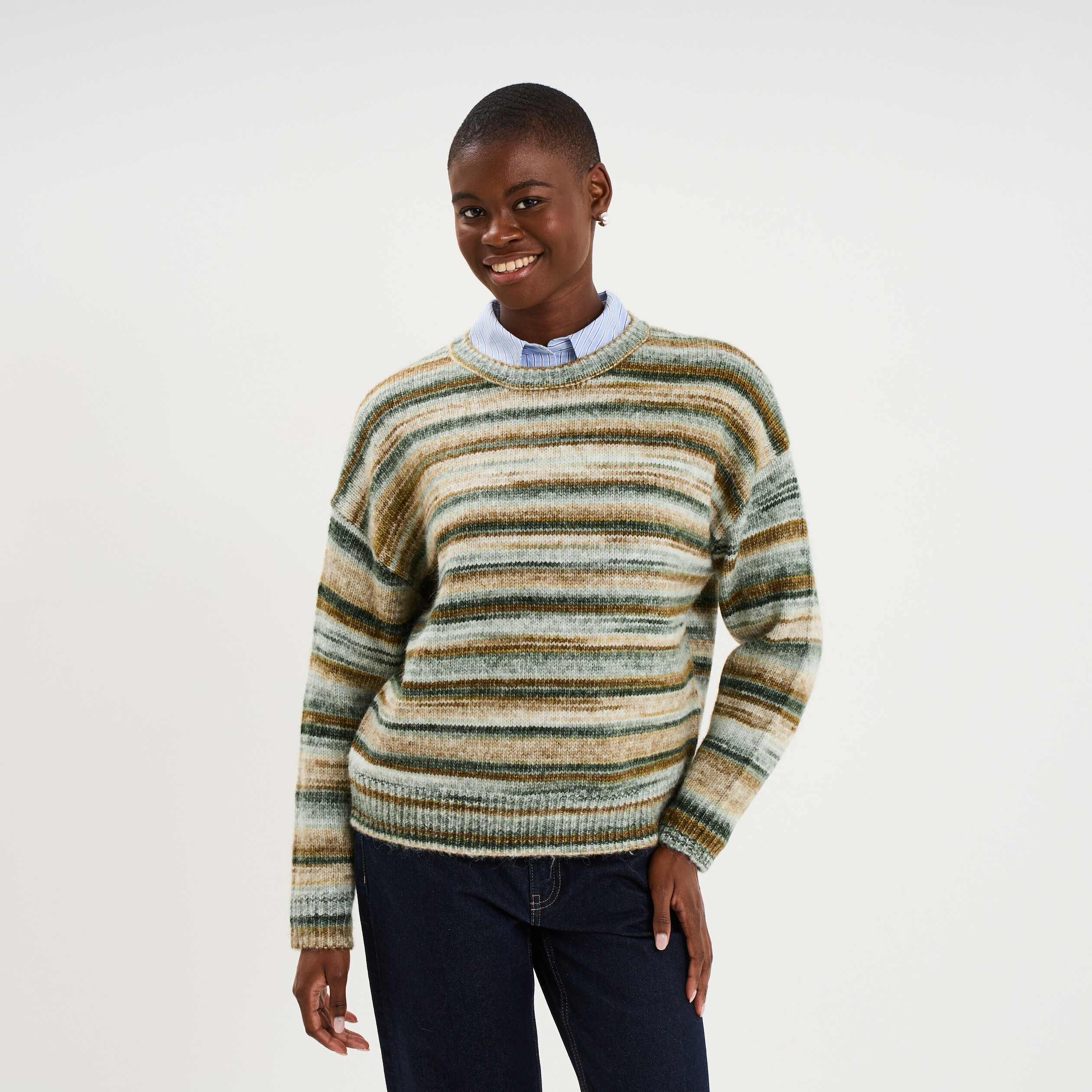 Pull col rond manches longues vert menthe femme