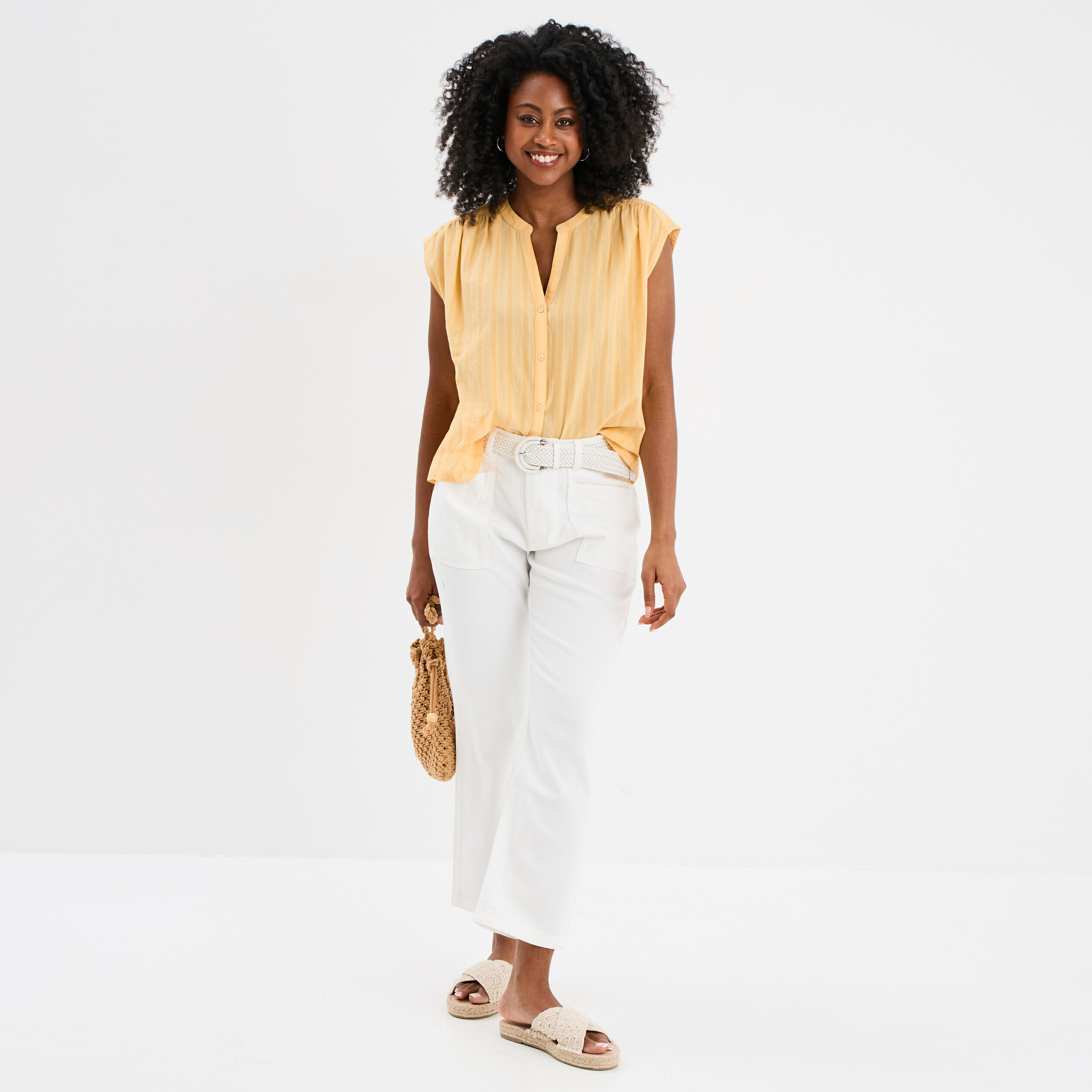 blouse sans manches col tunisien coton jaune clair femme Blouse sans manches col tunisien coton jaune clair femme