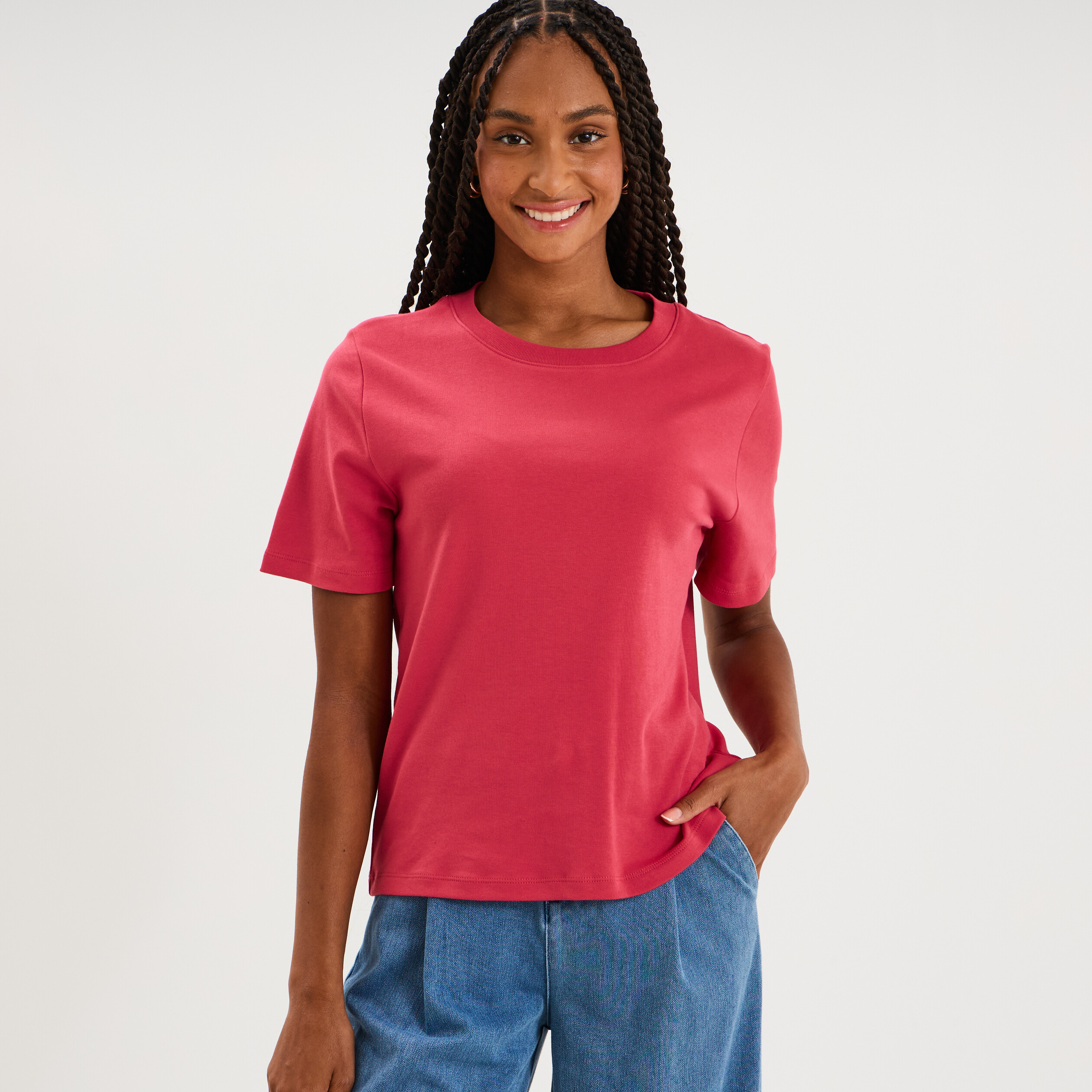 T-shirt manches courtes col rond coton rose cerise femme