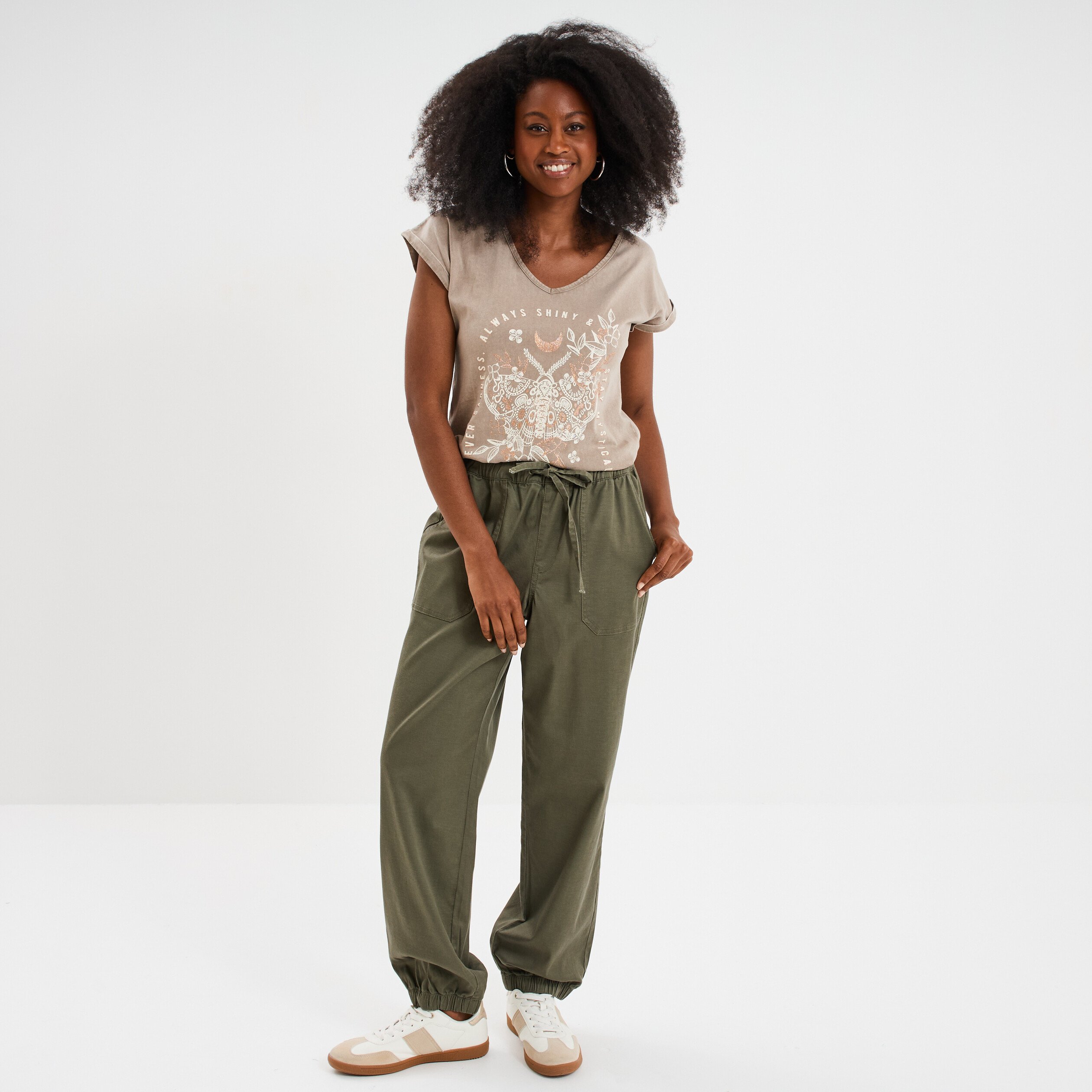 pantalon droit battle taille elastiquee vert kaki femme Pantalon droit battle taille élastiquée vert kaki femme