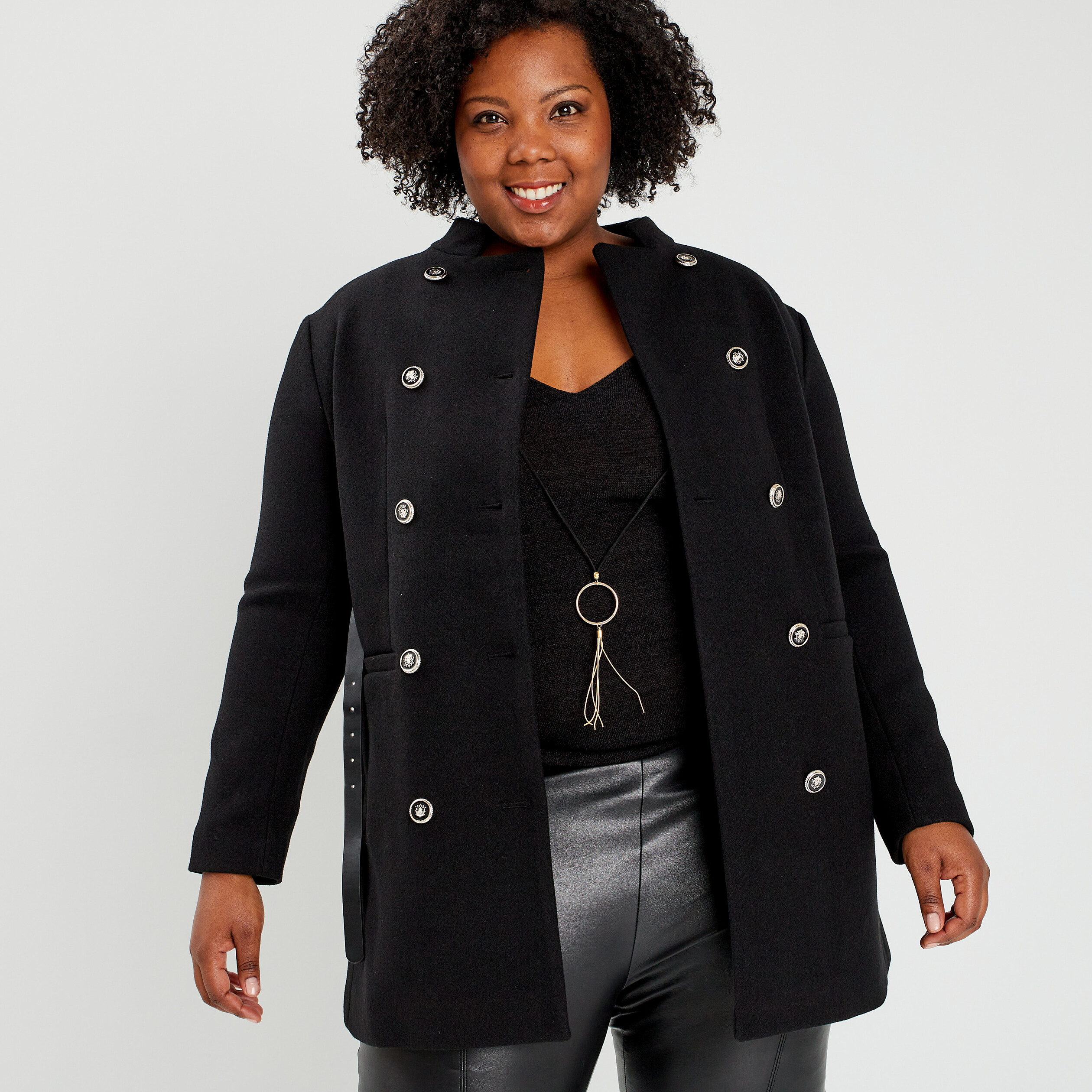 Manteau esprit officier droit ceinturé noir femme grande taille La Halle