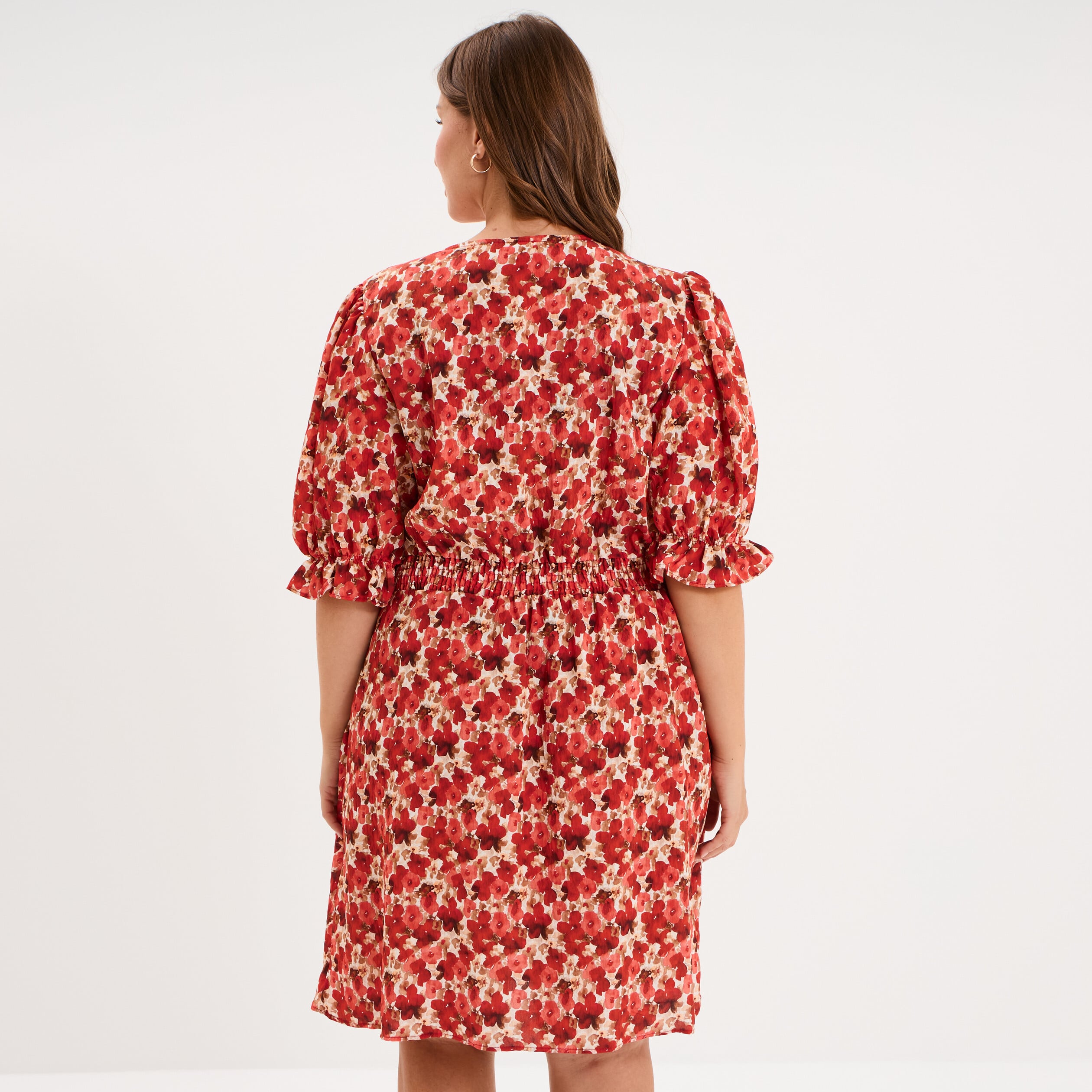 Robe smock&eacute;e manches ballons rouge coquelicot femme grande taille