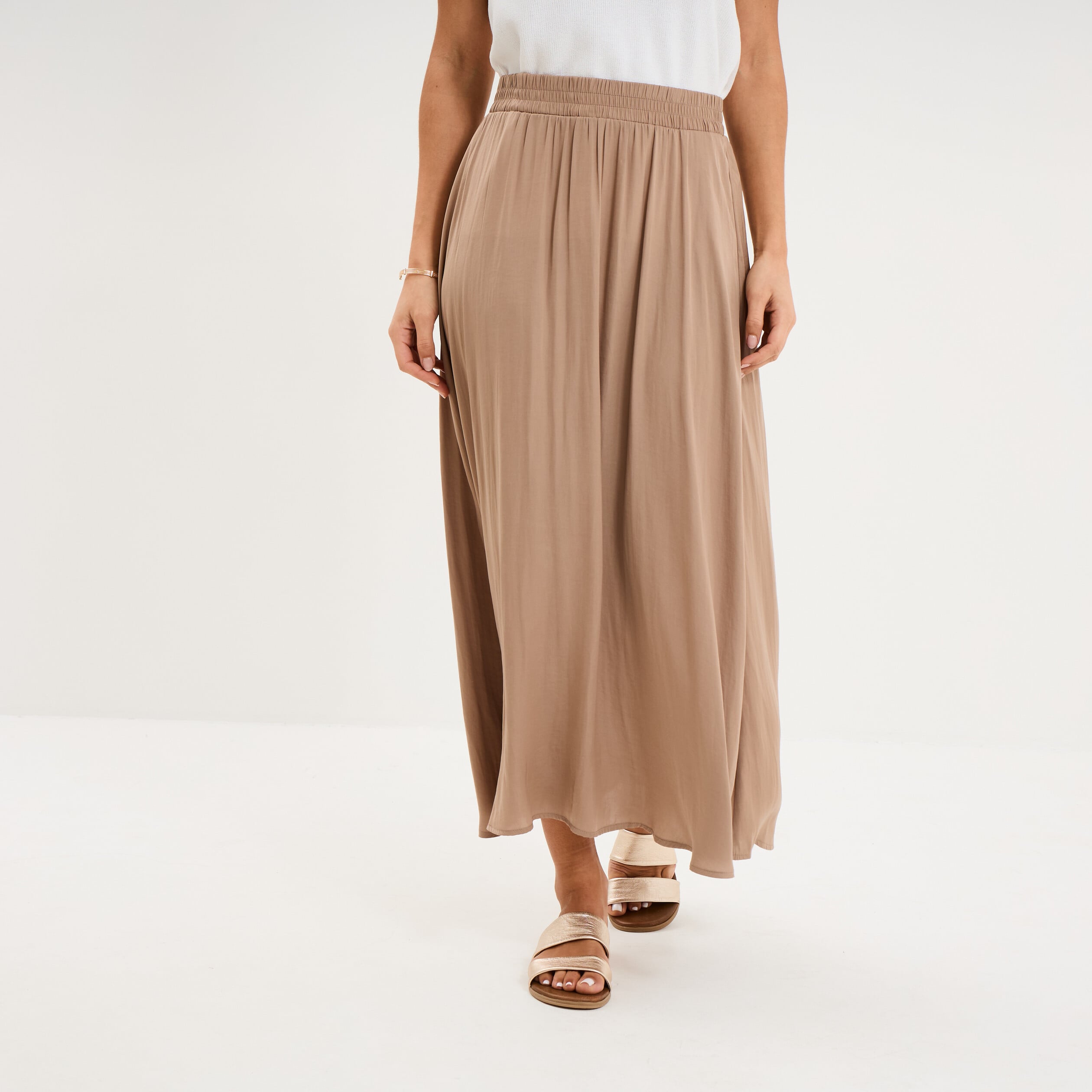Jupe longue effet satin marron femme