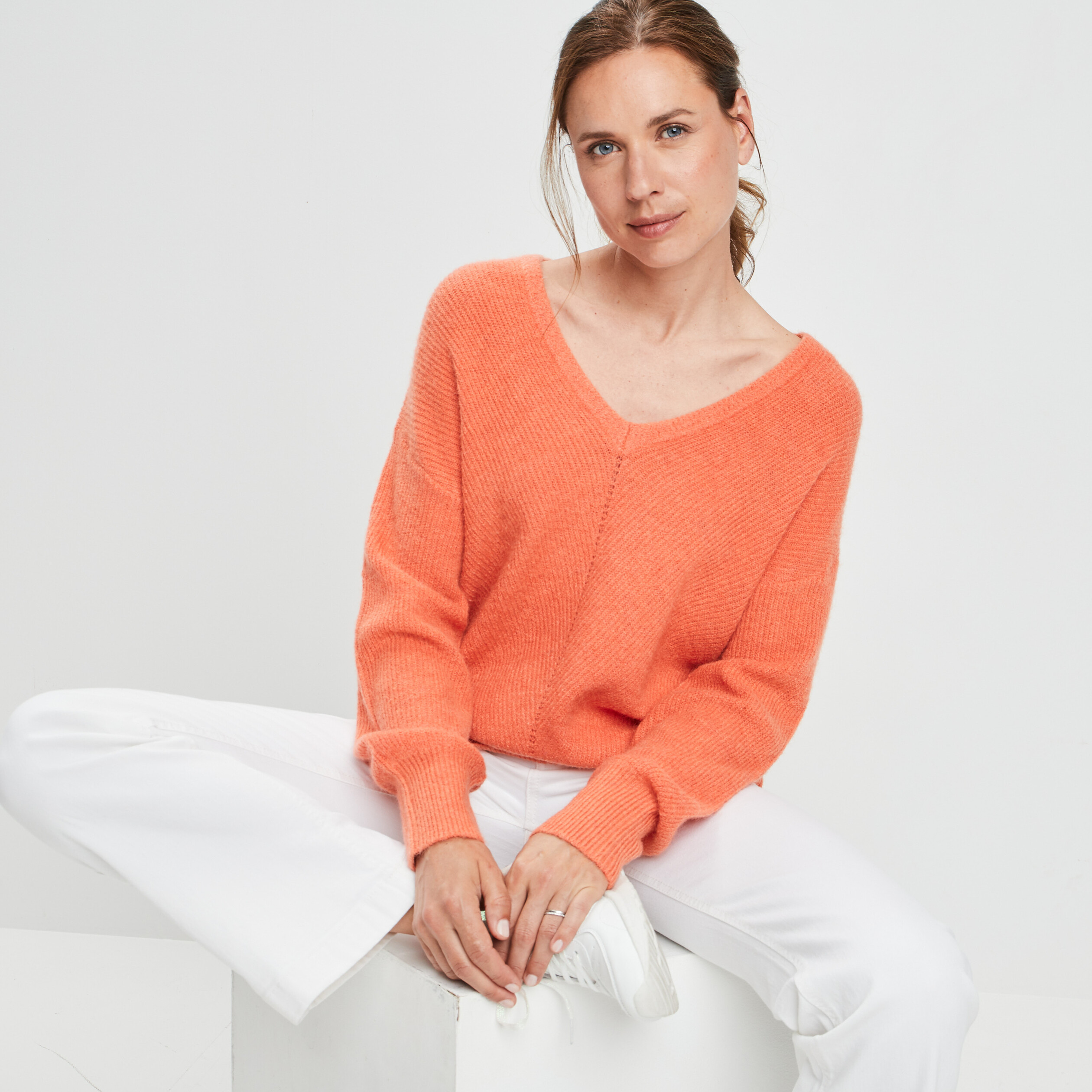 Pull recto verso manches longues orange corail femme