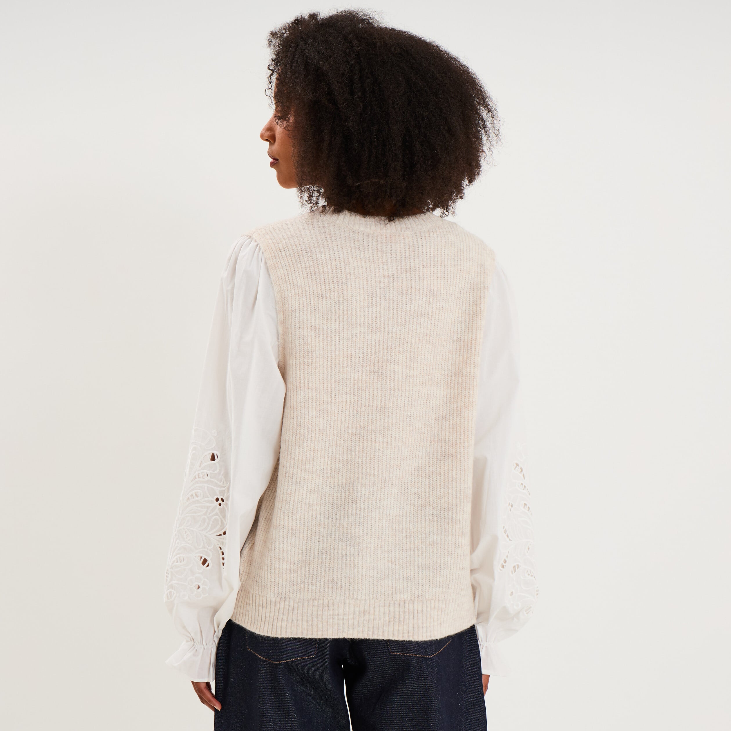 Gilet 2 en 1 bi-mati&egrave;re col rond beige femme