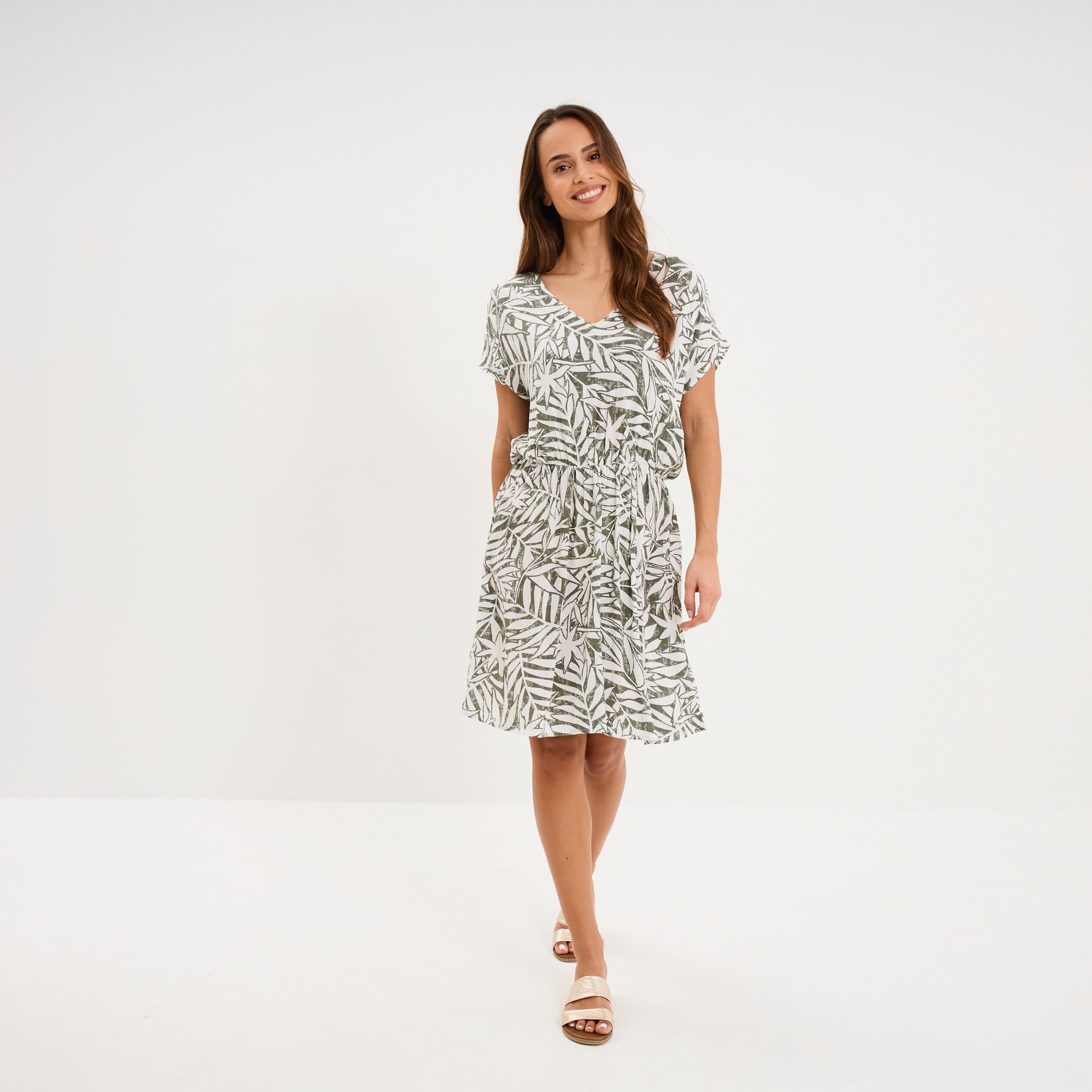 Robe caftant courte col en V vert kaki femme
