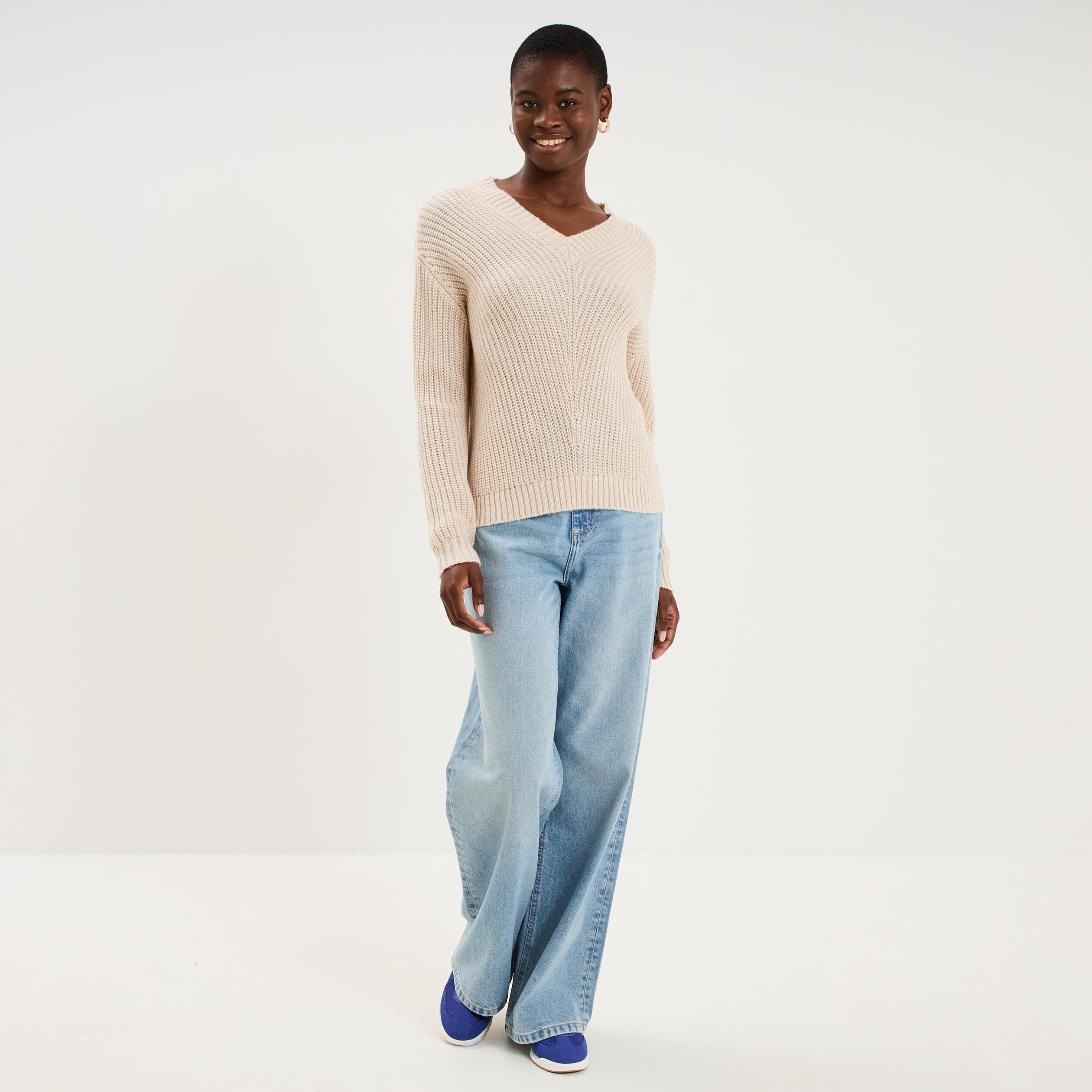 Pull col en V ecru femme