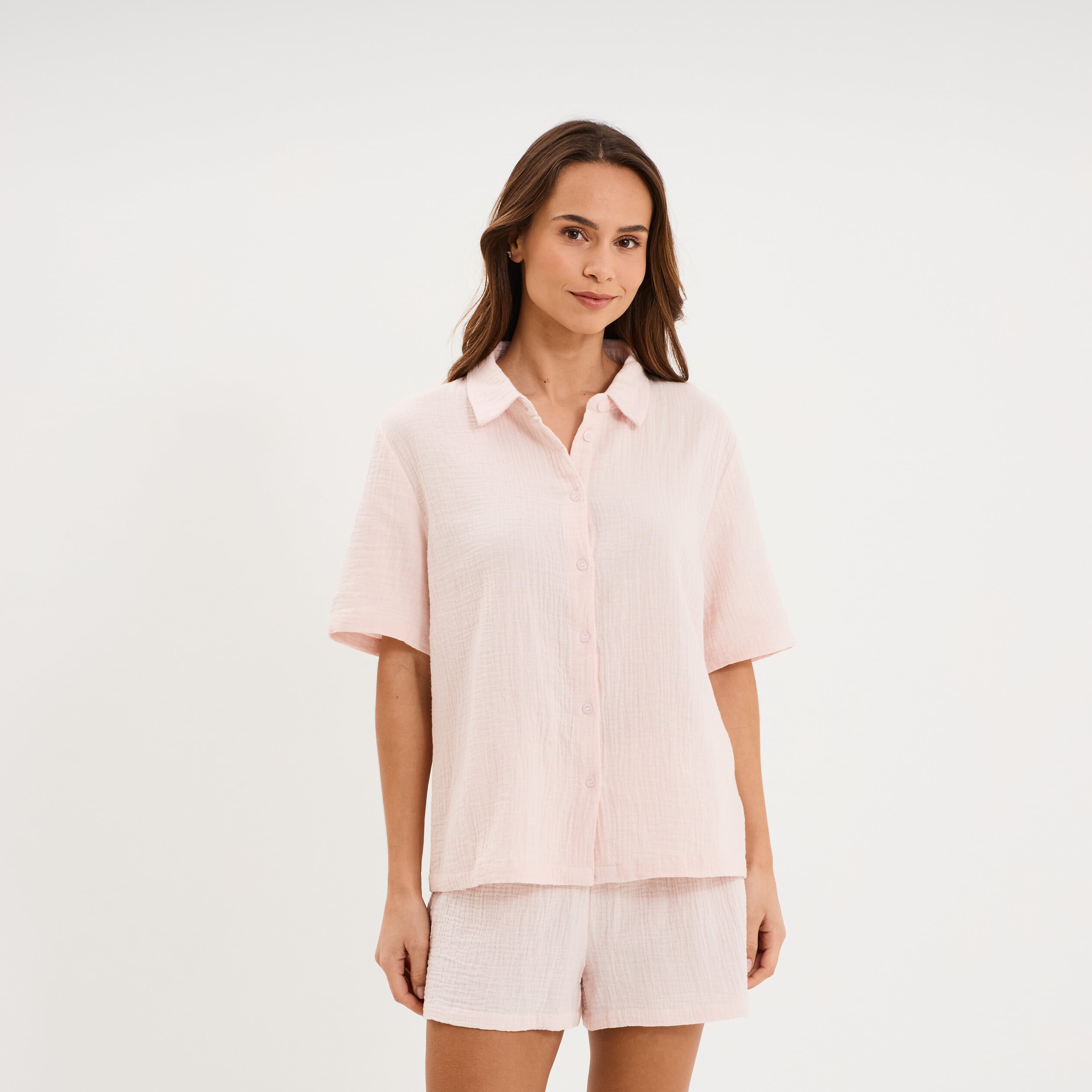 Ensemble pyjama chemise et short coton rose clair femme