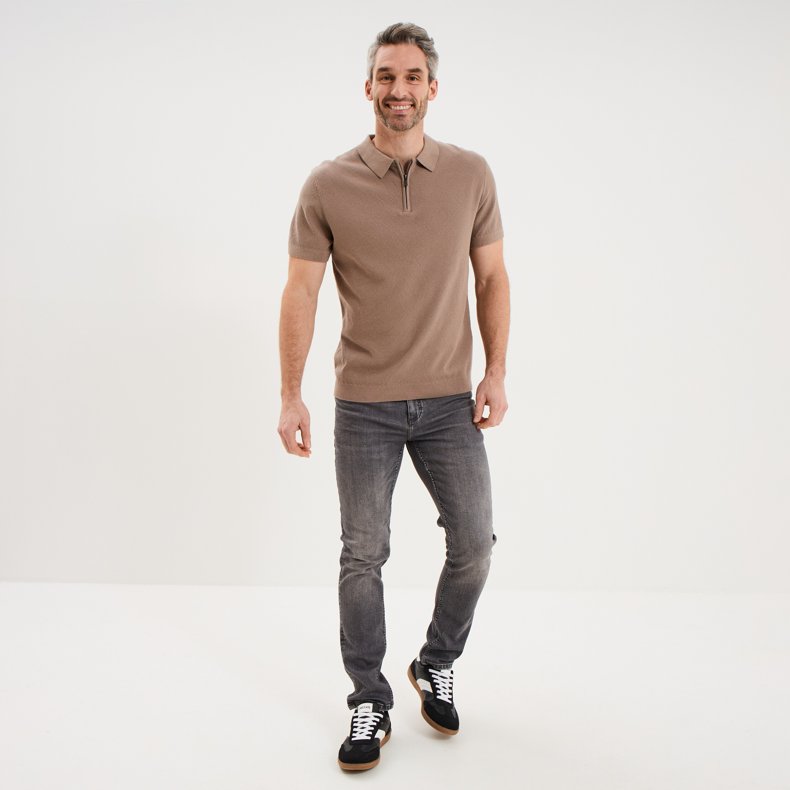 Polo col zipp&eacute; manches courtes coton marron homme