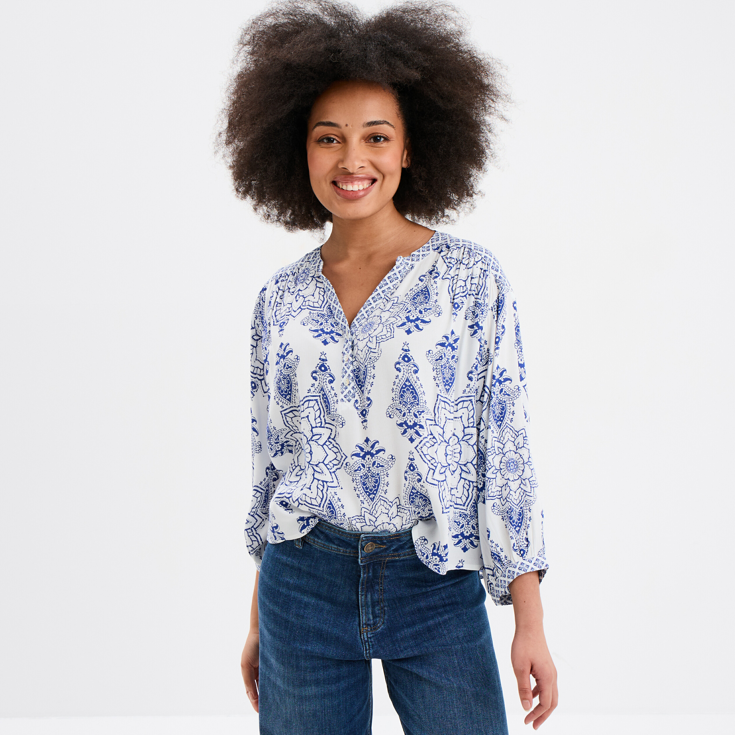 blouse fluide col tunisien blanc femme Blouse fluide col tunisien blanc femme