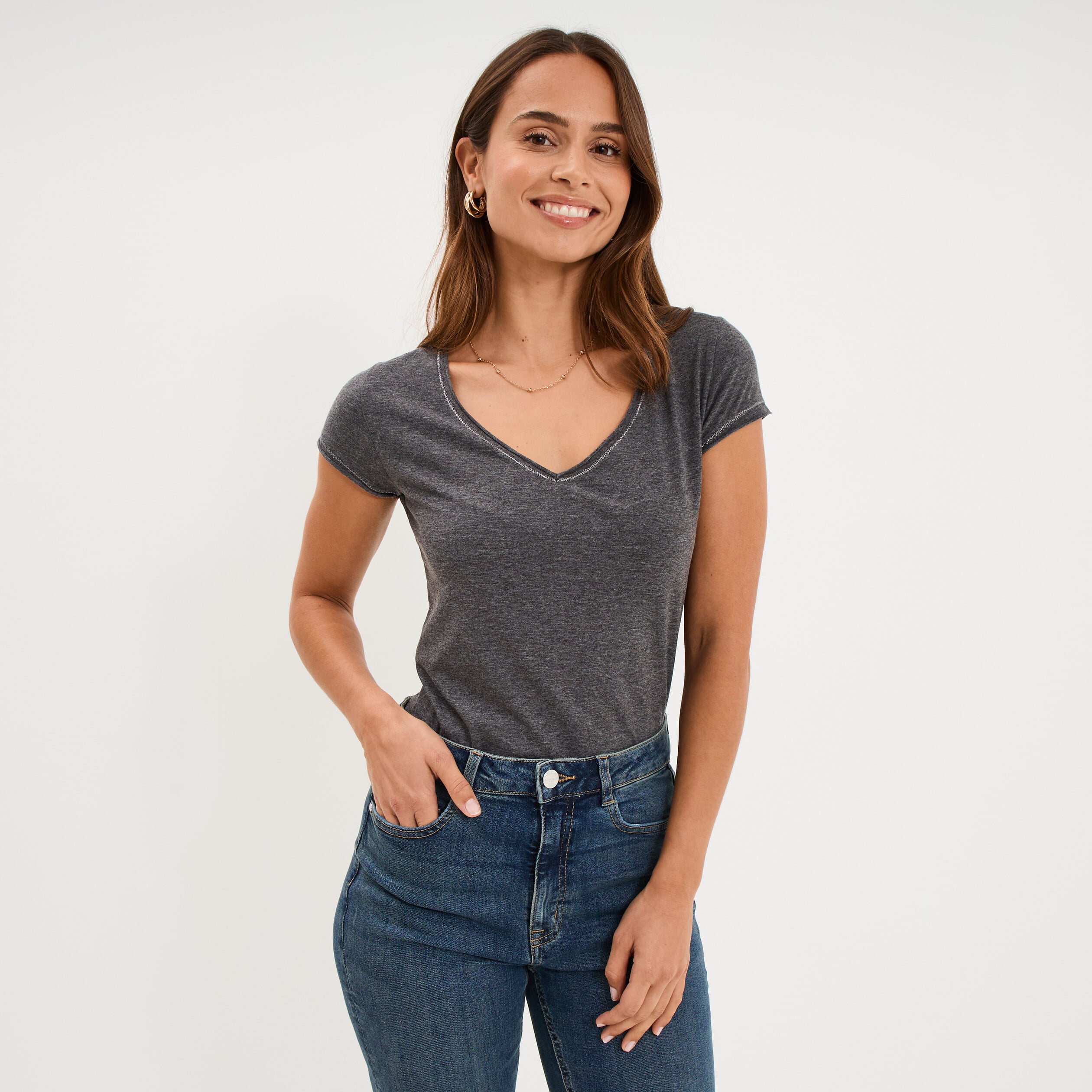 T-shirt manches courtes gris fonc&eacute; femme