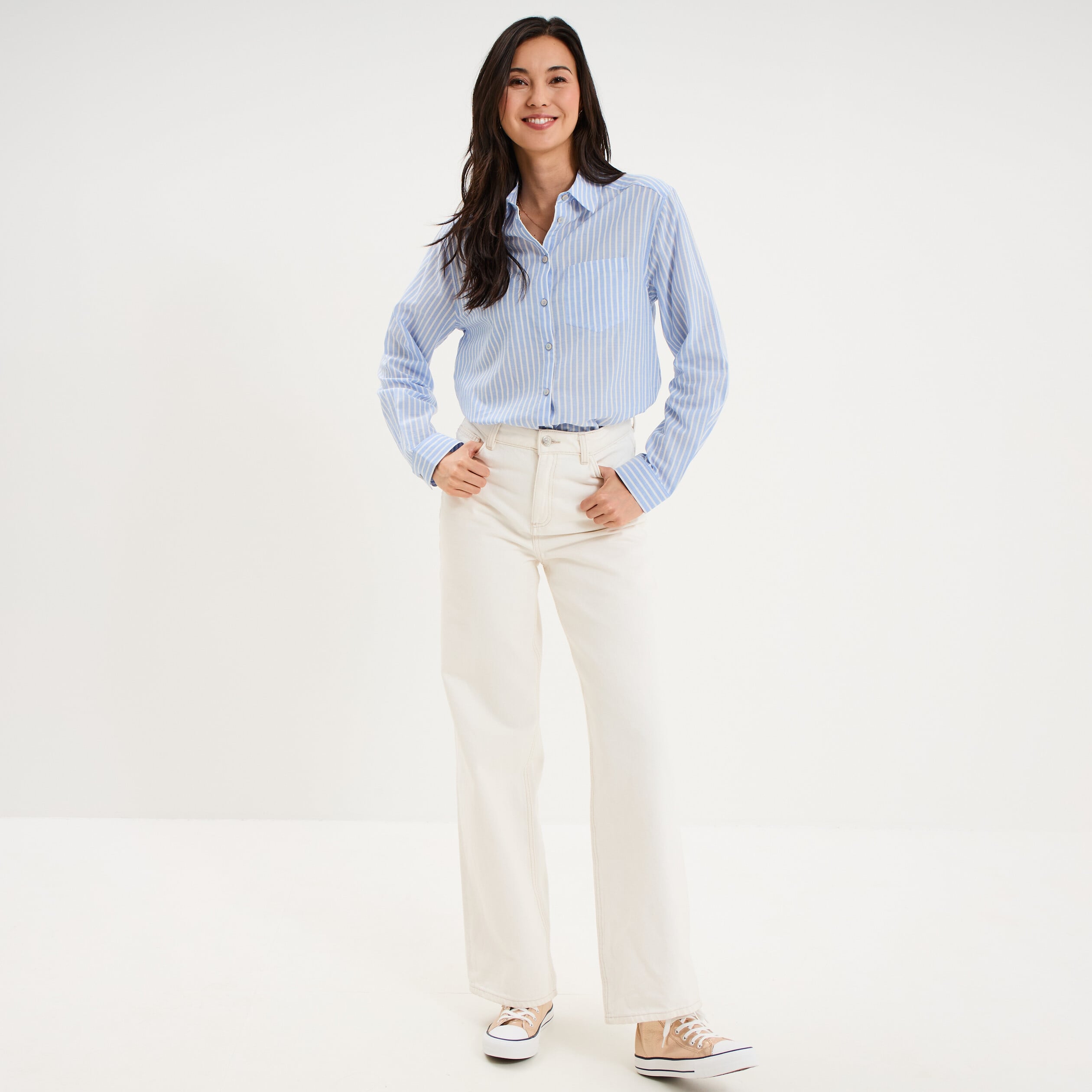 Chemise manches ajustables 1 poche coton bleu ciel femme