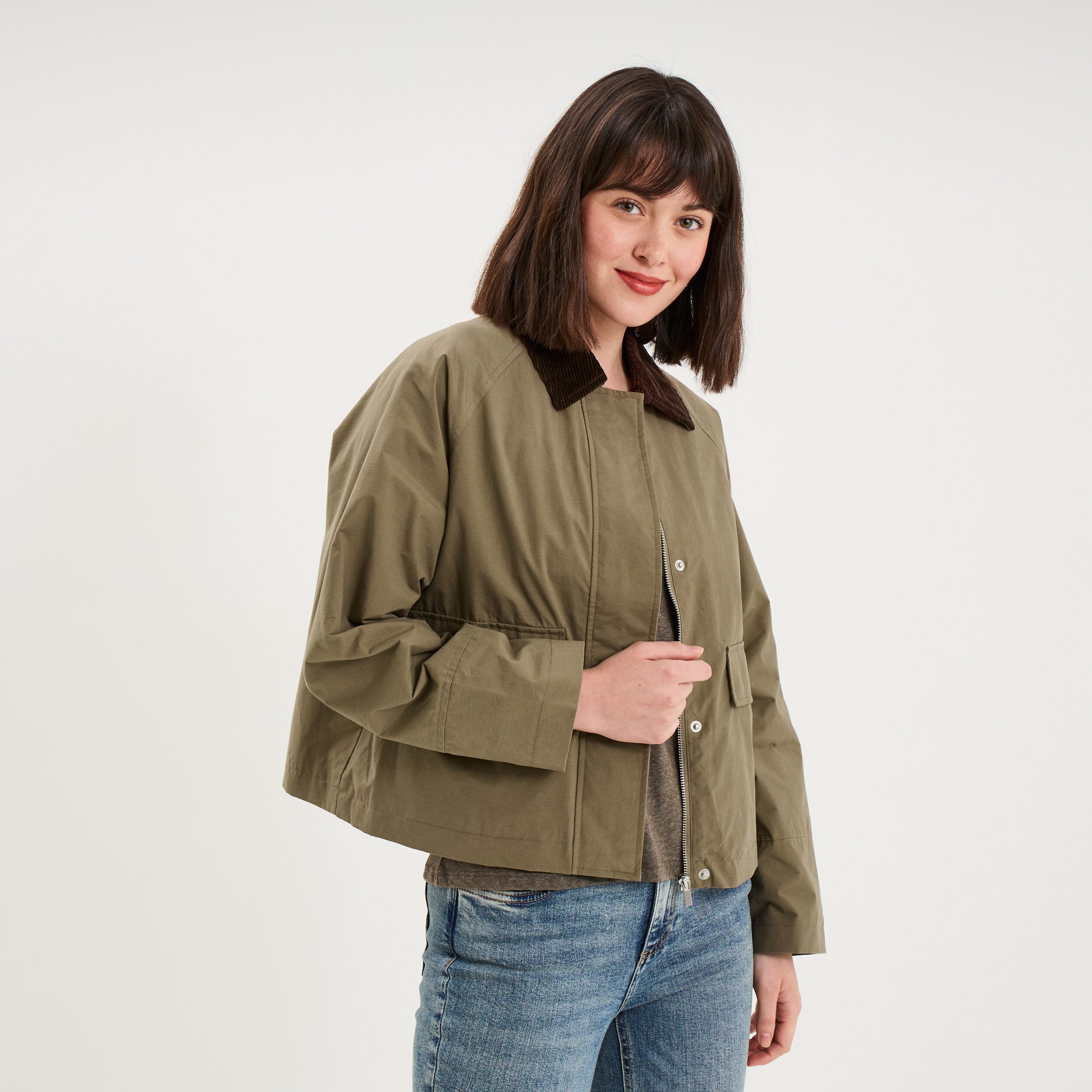 Veste courte oversize col velours c&ocirc;tel&eacute; taupe femme