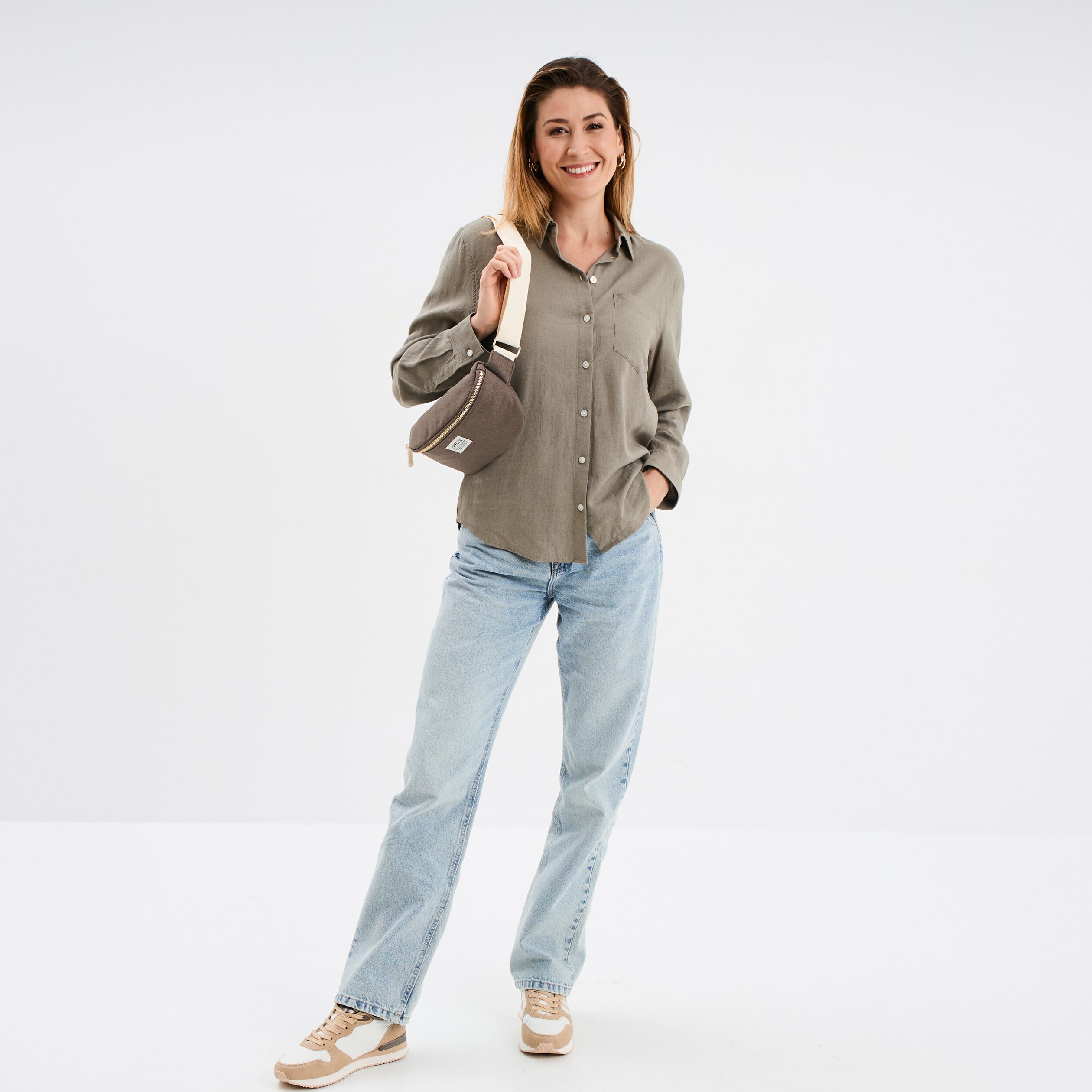 Chemise lin m&eacute;lang&eacute; manches longues vert kaki femme