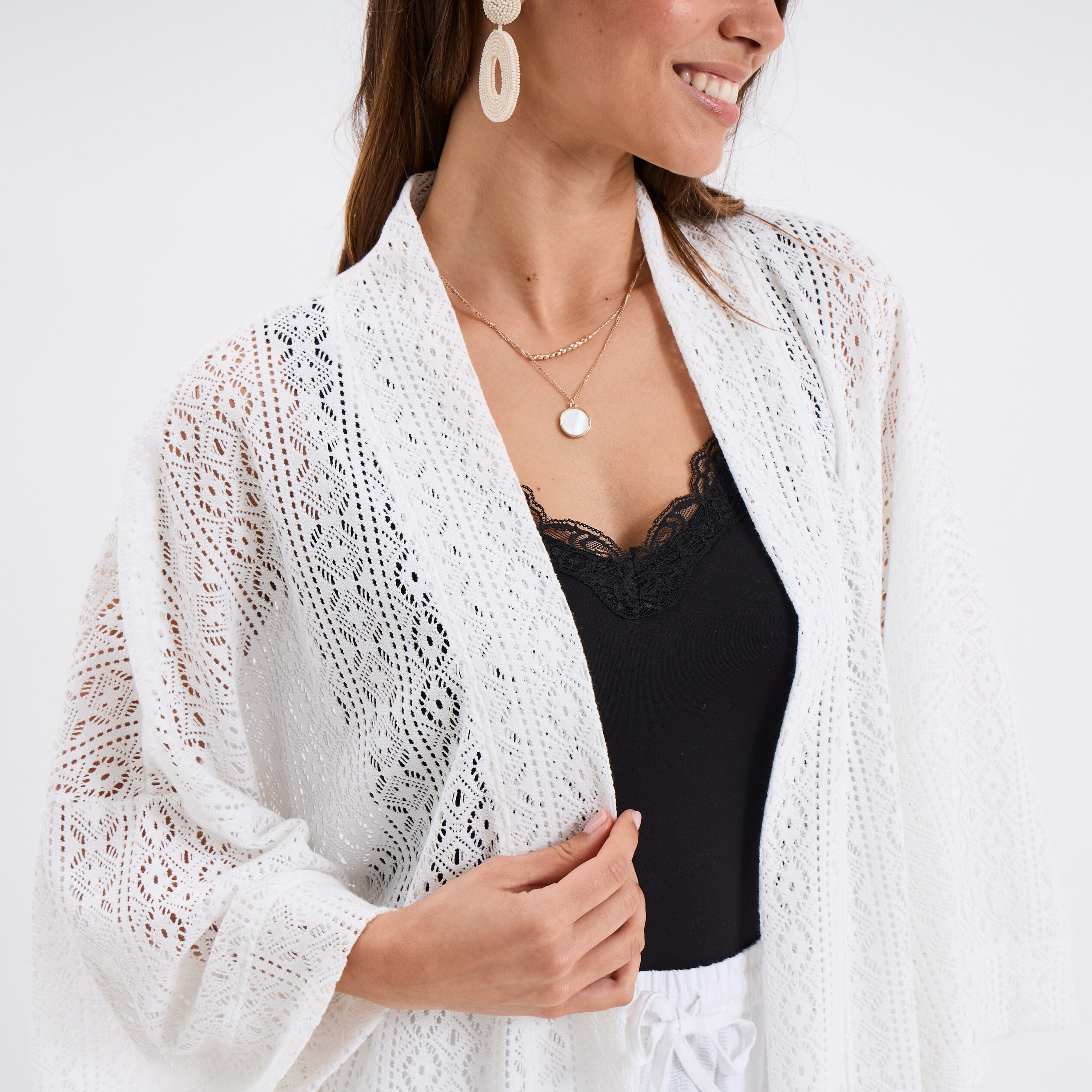 Veste ample esprit kimono dentelle blanc femme