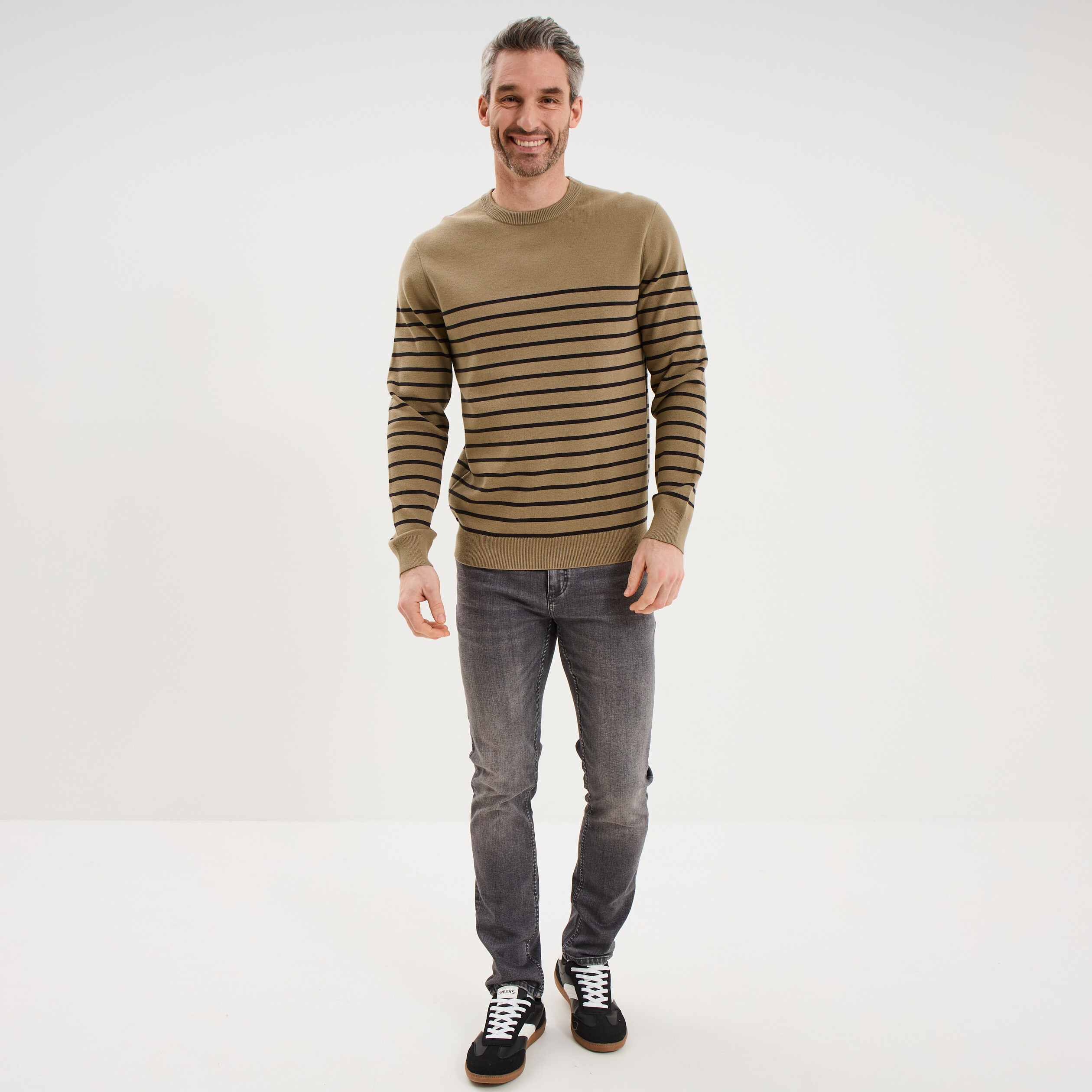 Pull col rond manches longues taupe homme