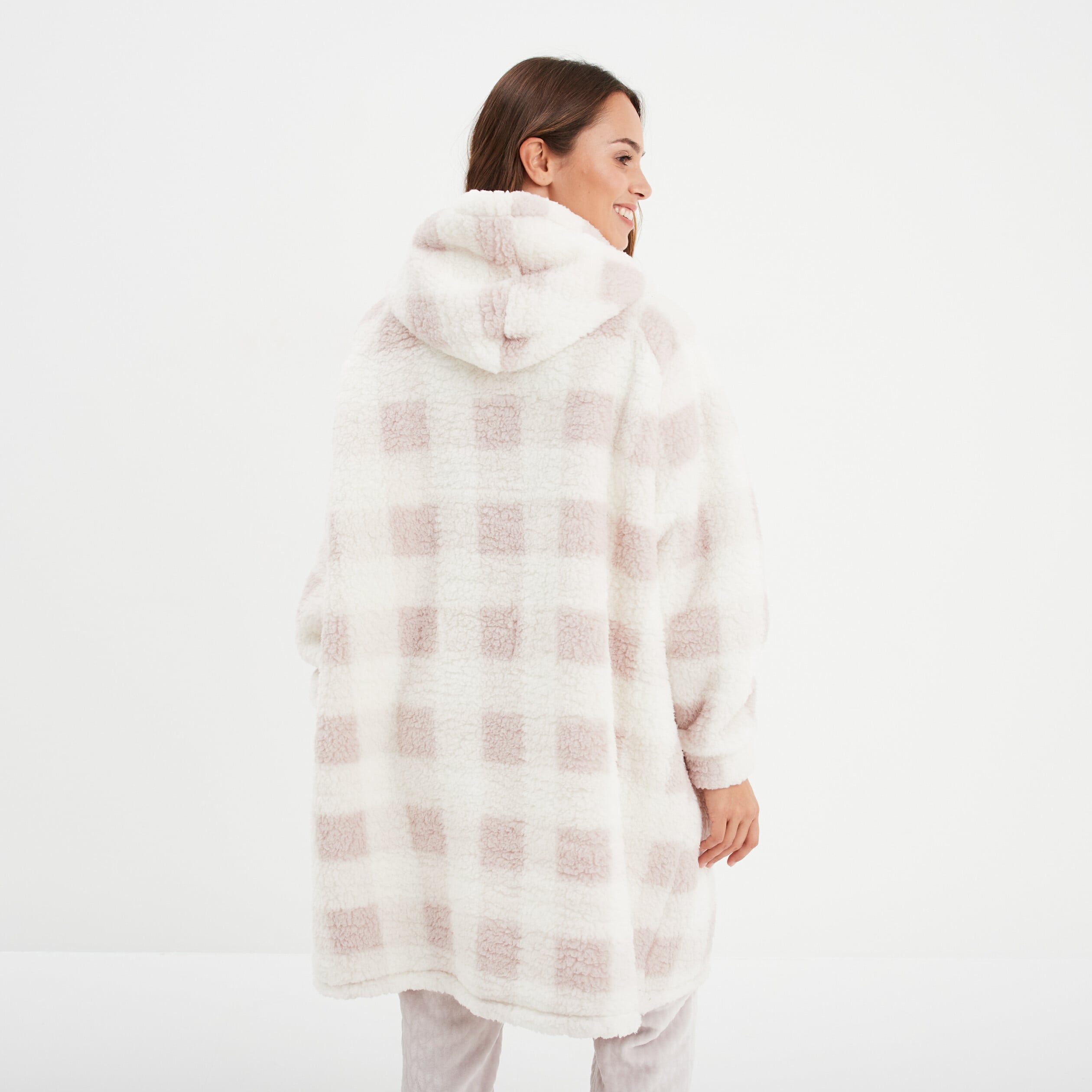 Poncho plaid effet polaire &agrave; capuche rose femme